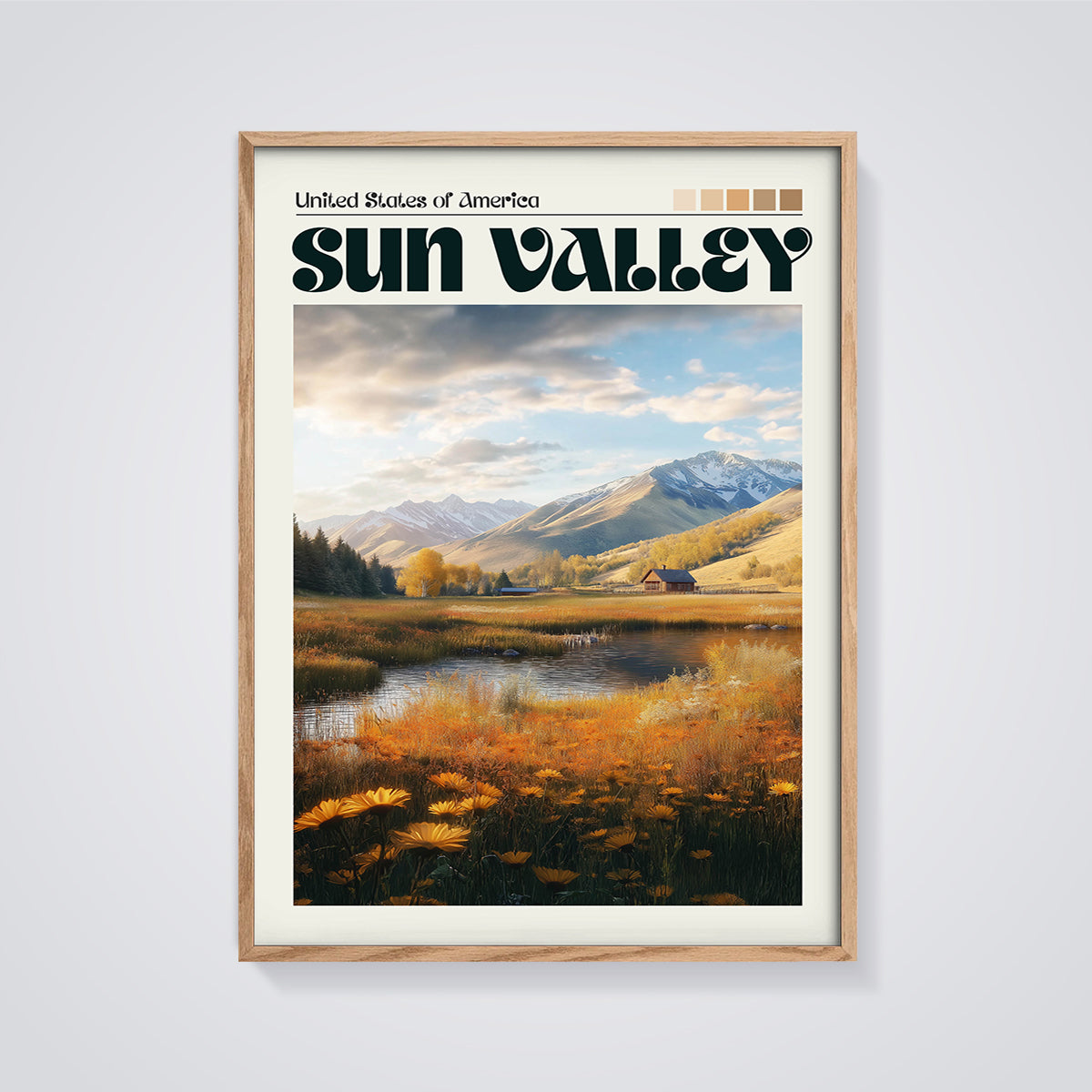 Sun Valley Autumn Landscape Print framed in oak on a grey background