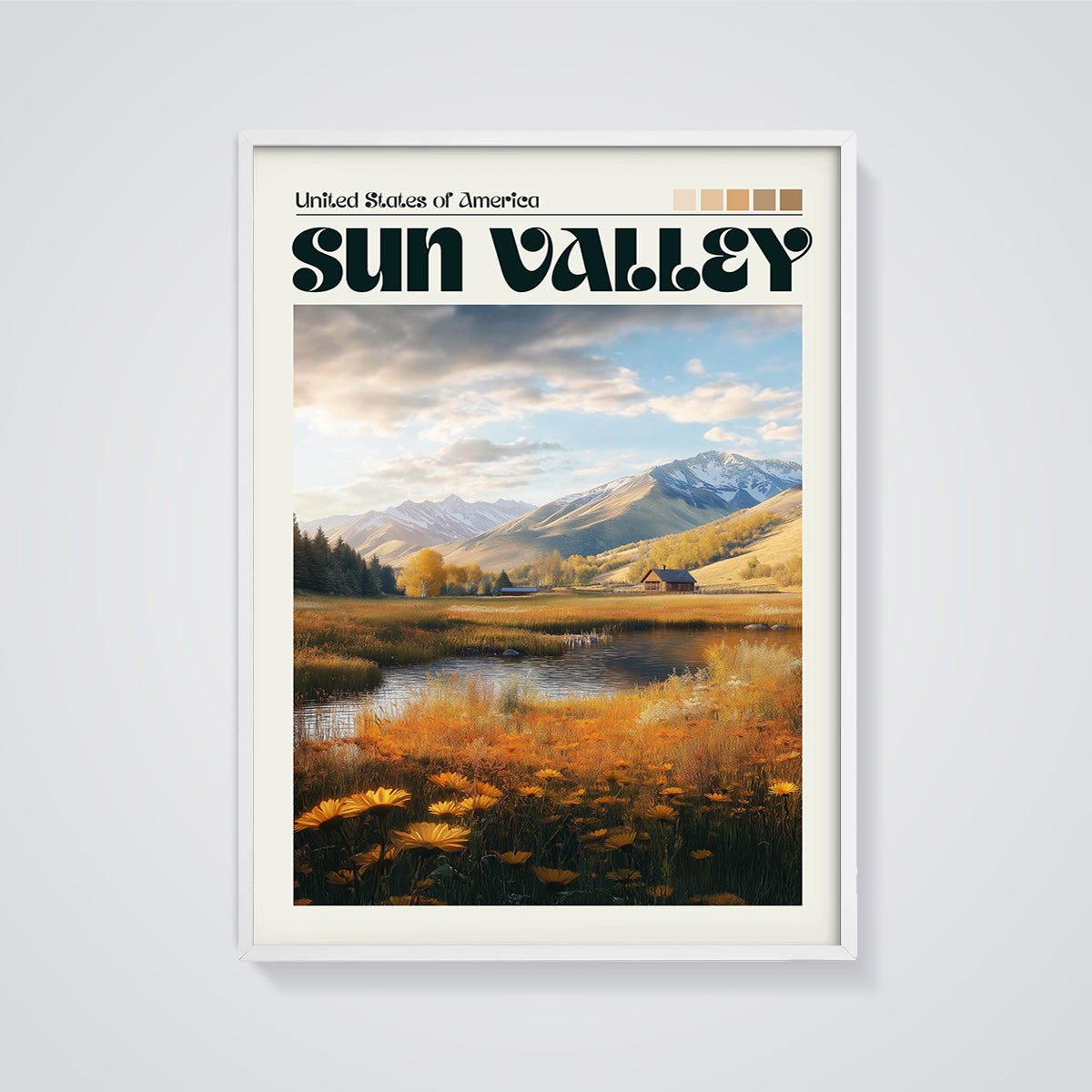 Sun Valley Autumn Landscape Print framed in white on a grey background