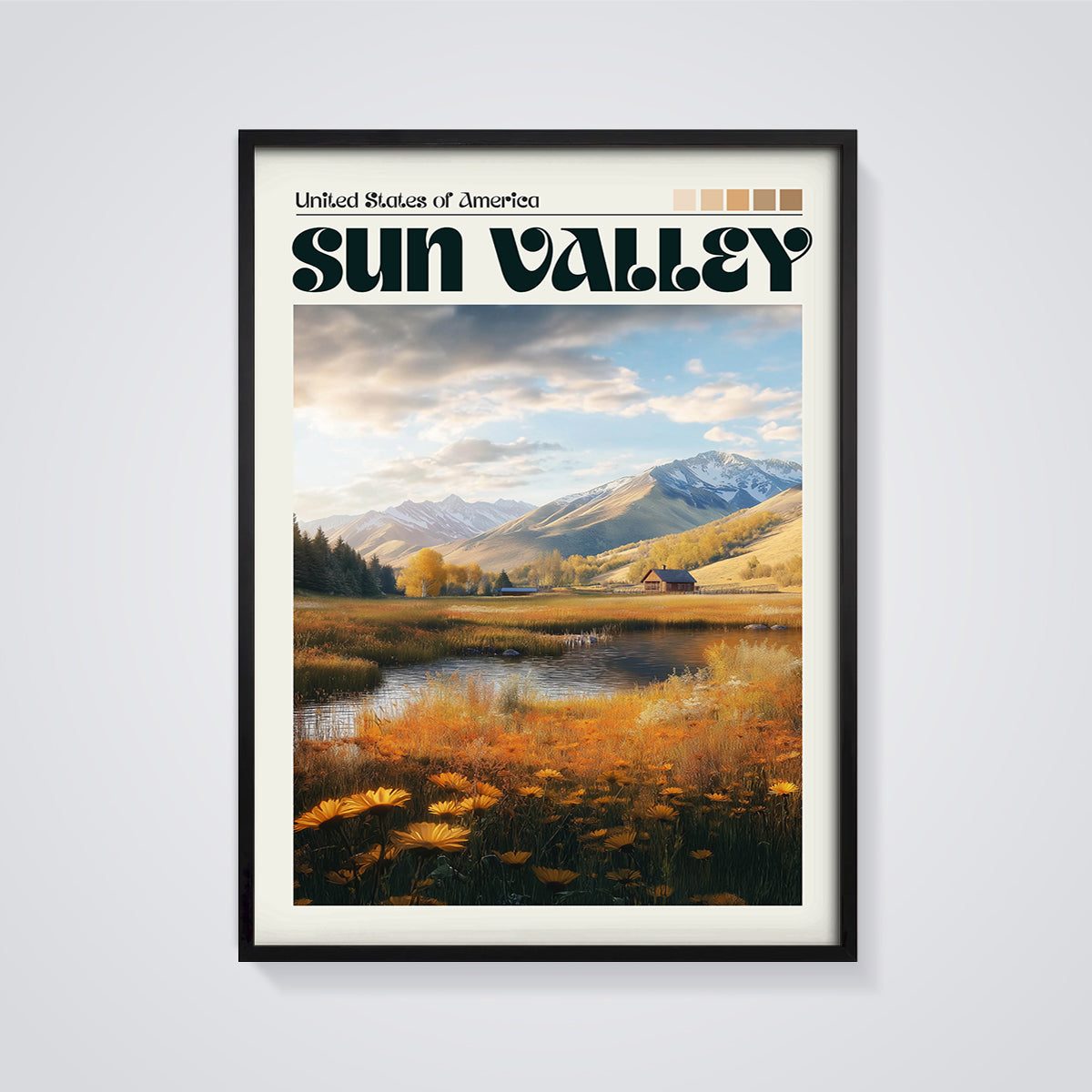Sun Valley Autumn Landscape Print framed in black on a grey background