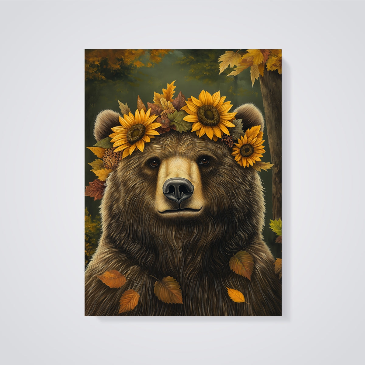 Sunflower Crown Bear Print unframed on a grey background