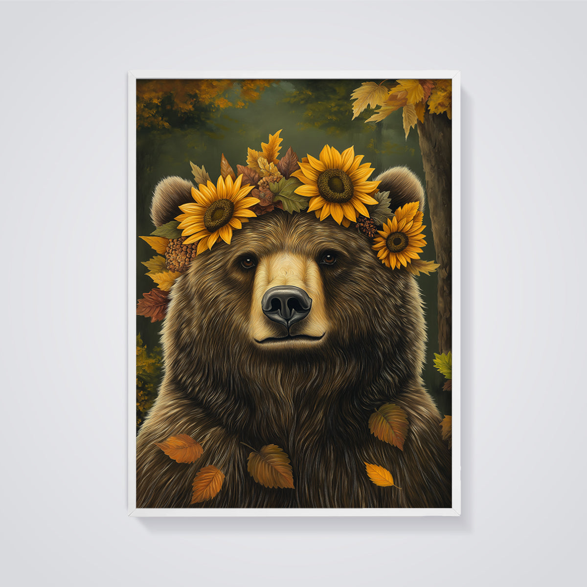 Sunflower Crown Bear Print framed in white on a grey background