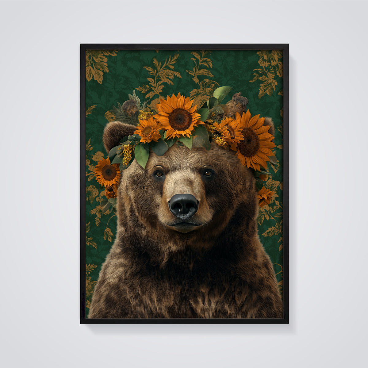 Sunflower Crown Bear Print Aesthetic framed in black on a grey background