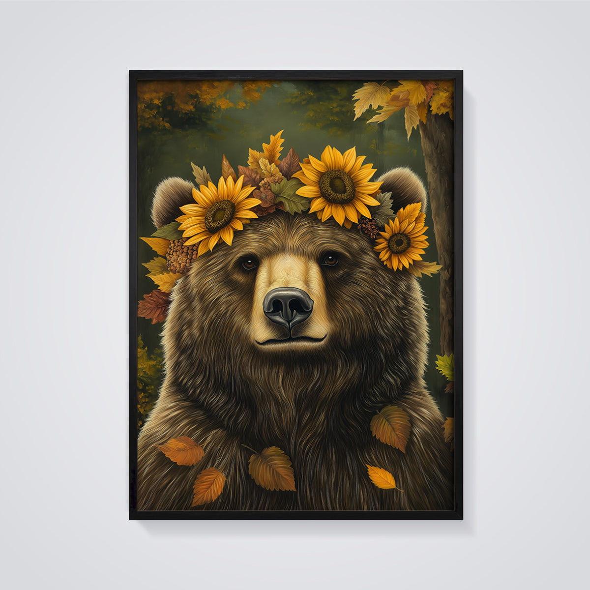 Sunflower Crown Bear Print framed in black on a grey background