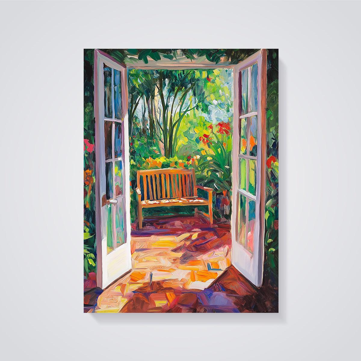 Sunny Garden Doorway View Print unframed on a grey background