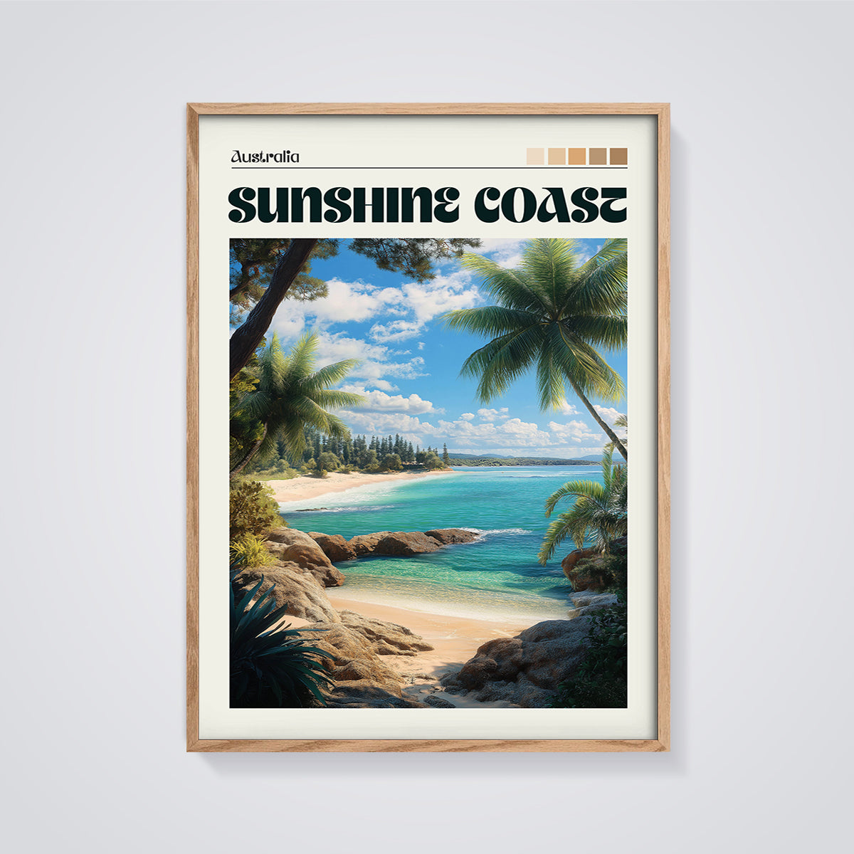 Sunshine Coast Beach Print framed in oak on a grey background