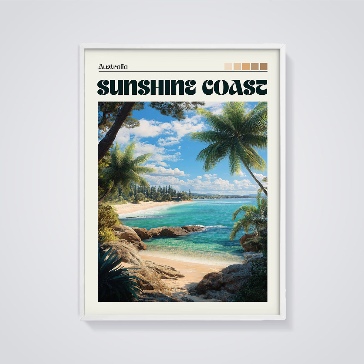 Sunshine Coast Beach Print framed in white on a grey background