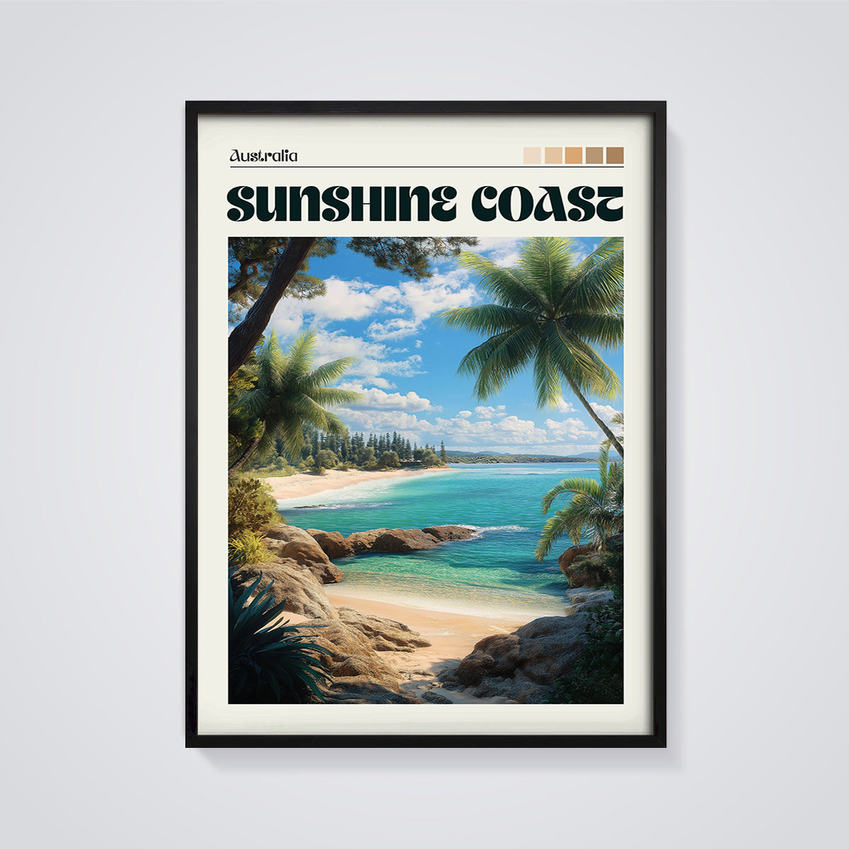 Sunshine Coast Beach Print framed in black on a grey background