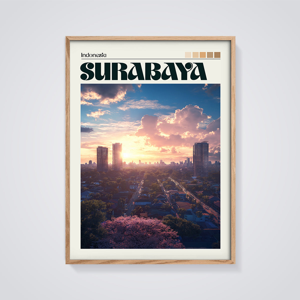 Surabaya Sunset City Print framed in oak on a grey background