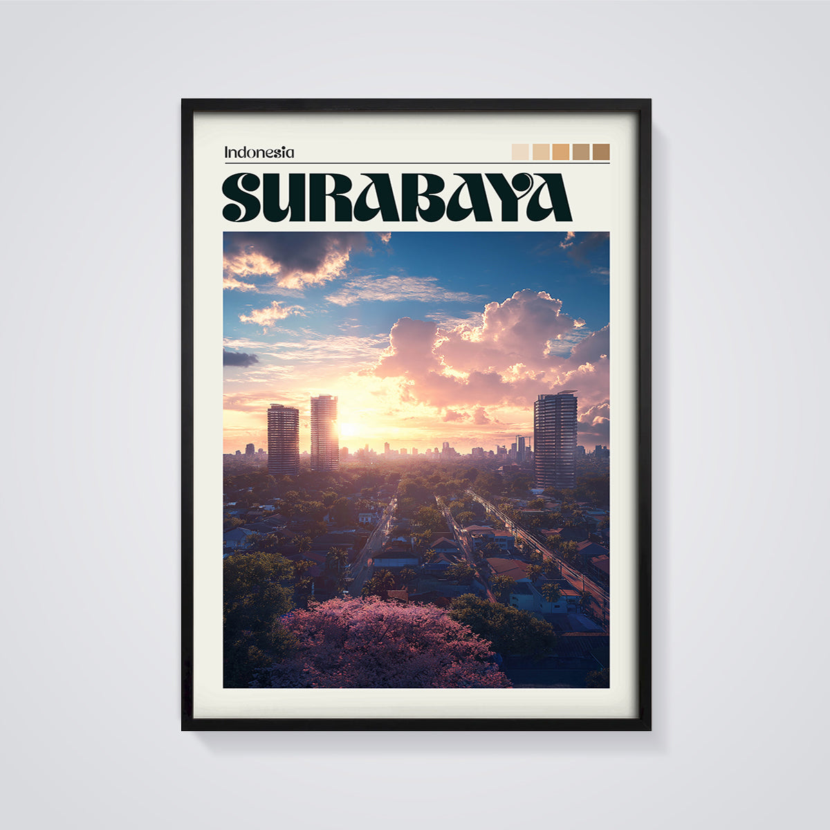 Surabaya Sunset City Print framed in black on a grey background