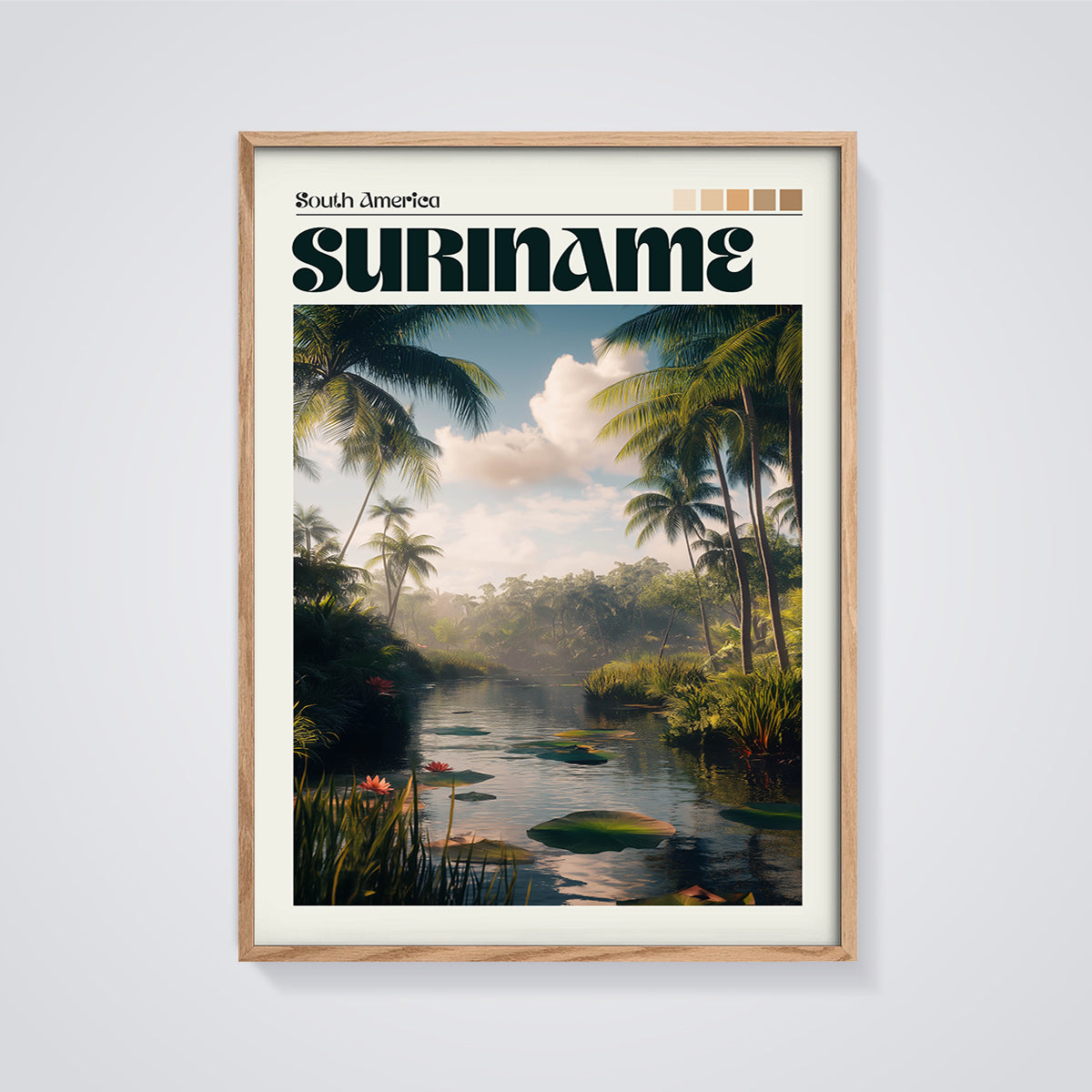 Suriname Tropical River Print framed in oak on a grey background