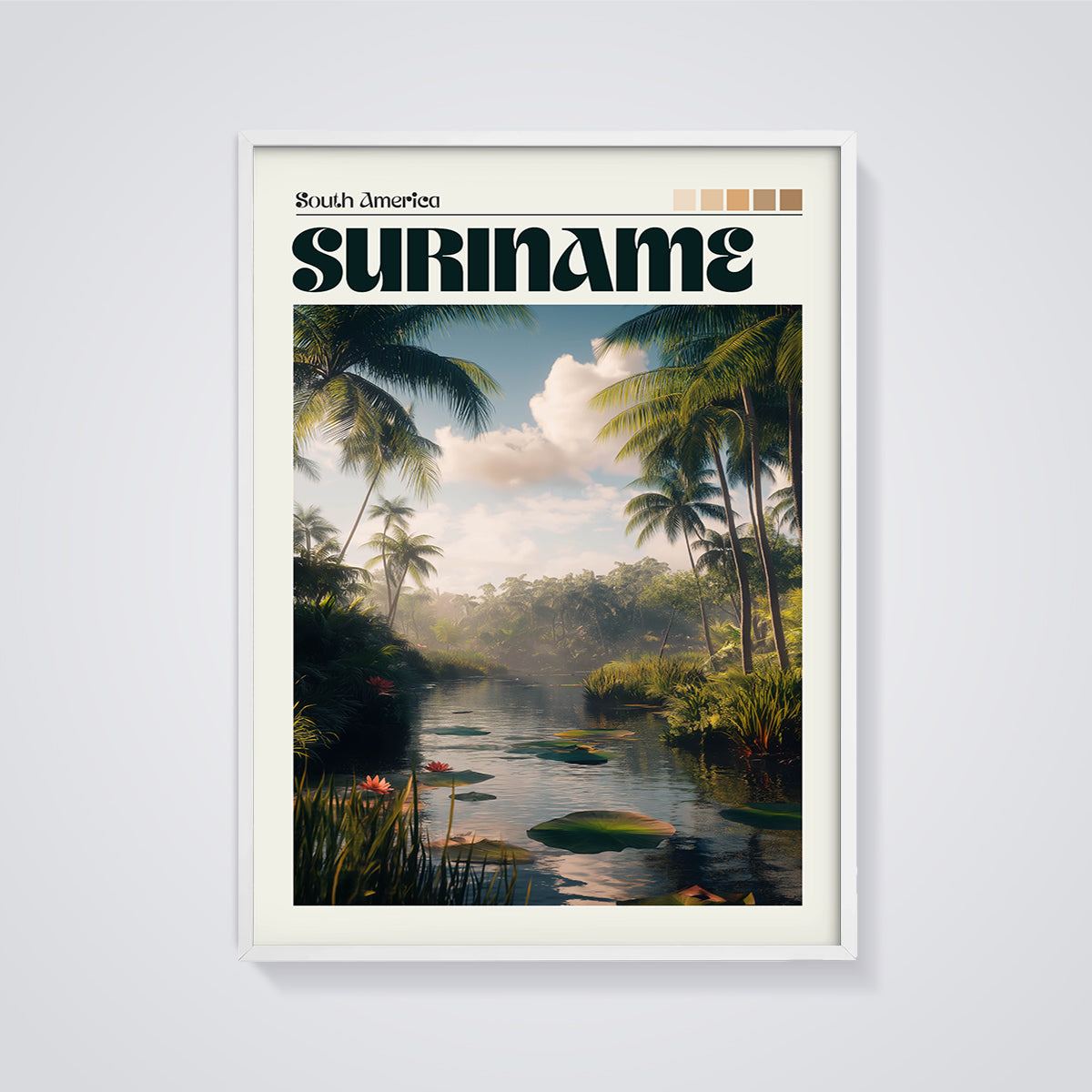 Suriname Tropical River Print framed in white on a grey background