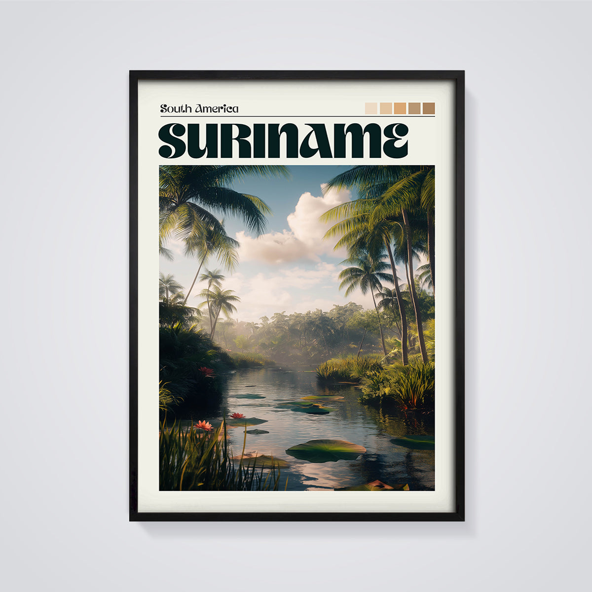 Suriname Tropical River Print framed in black on a grey background