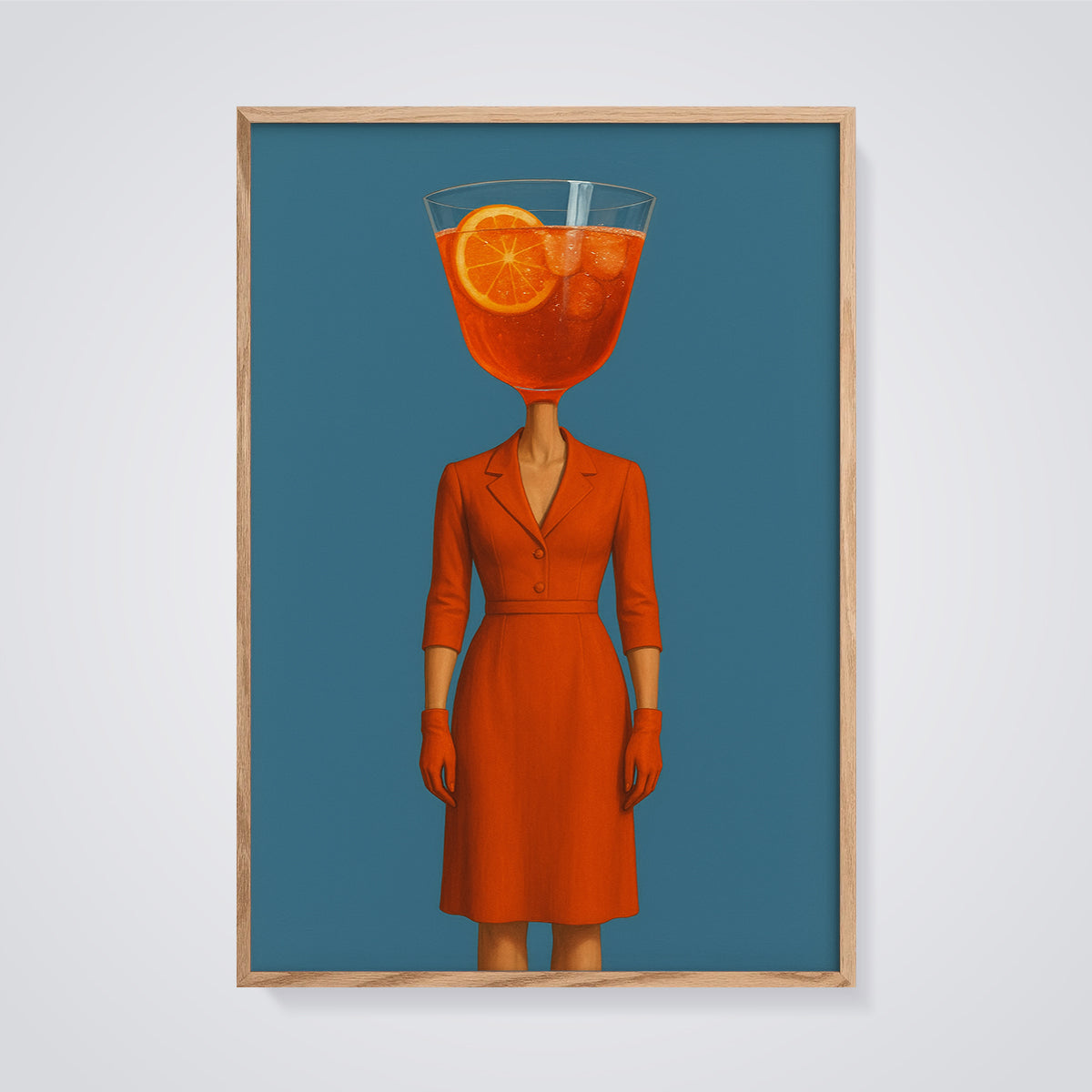 Surreal Cocktail Woman Print framed in oak on a grey background