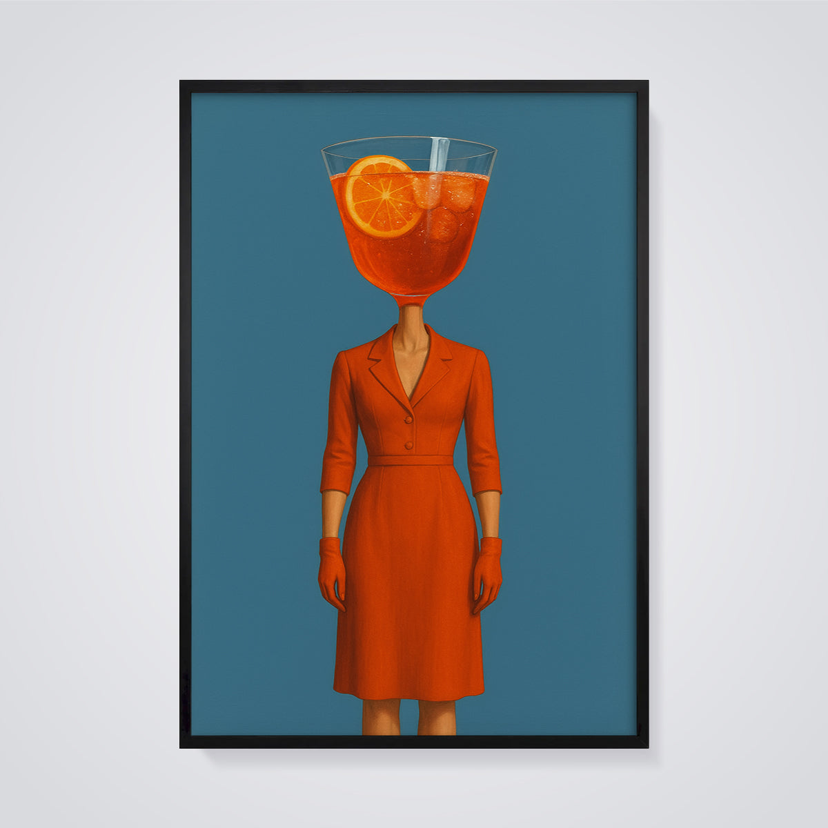 Surreal Cocktail Woman Print framed in black on a grey background