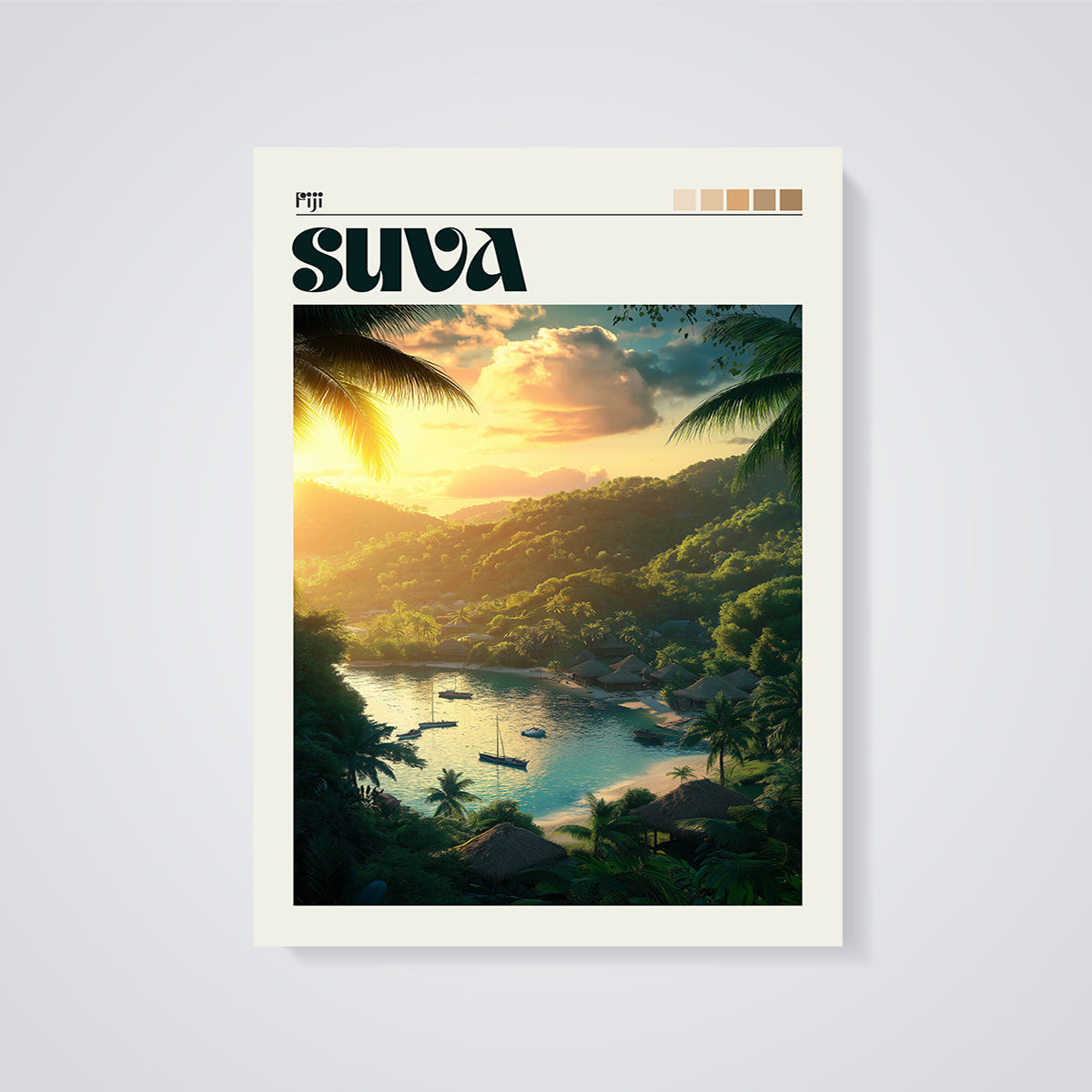 Suva Sunset Bay Print unframed on a grey background