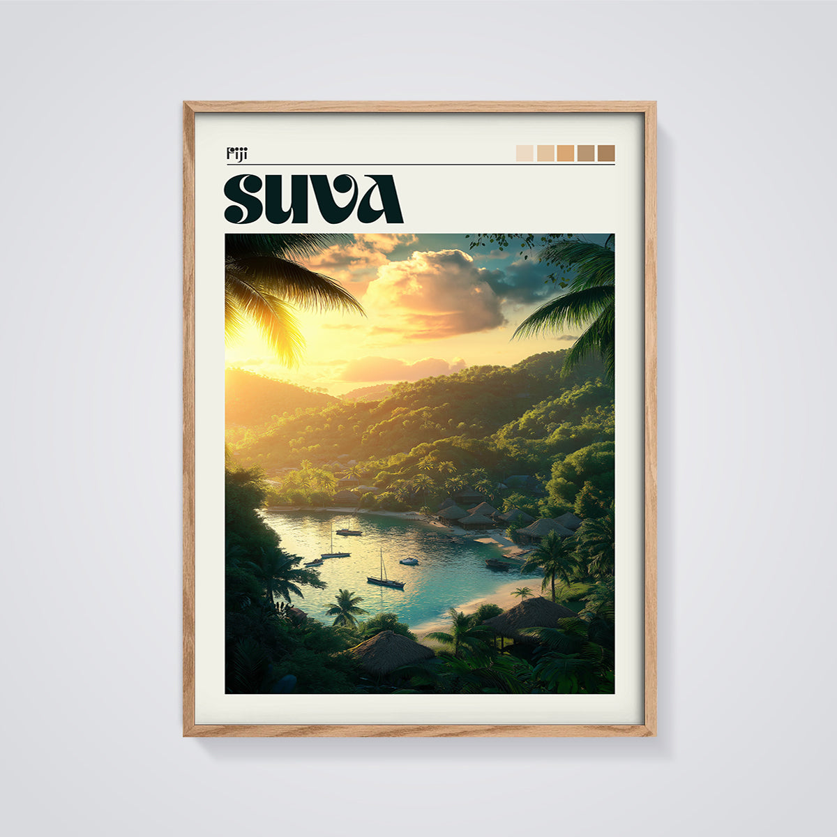 Suva Sunset Bay Print framed in oak on a grey background