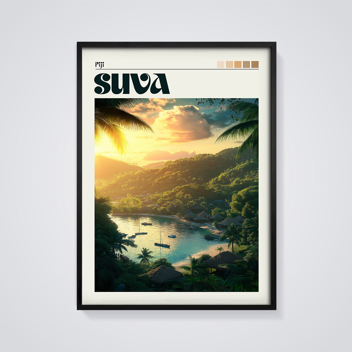 Suva Sunset Bay Print framed in black on a grey background