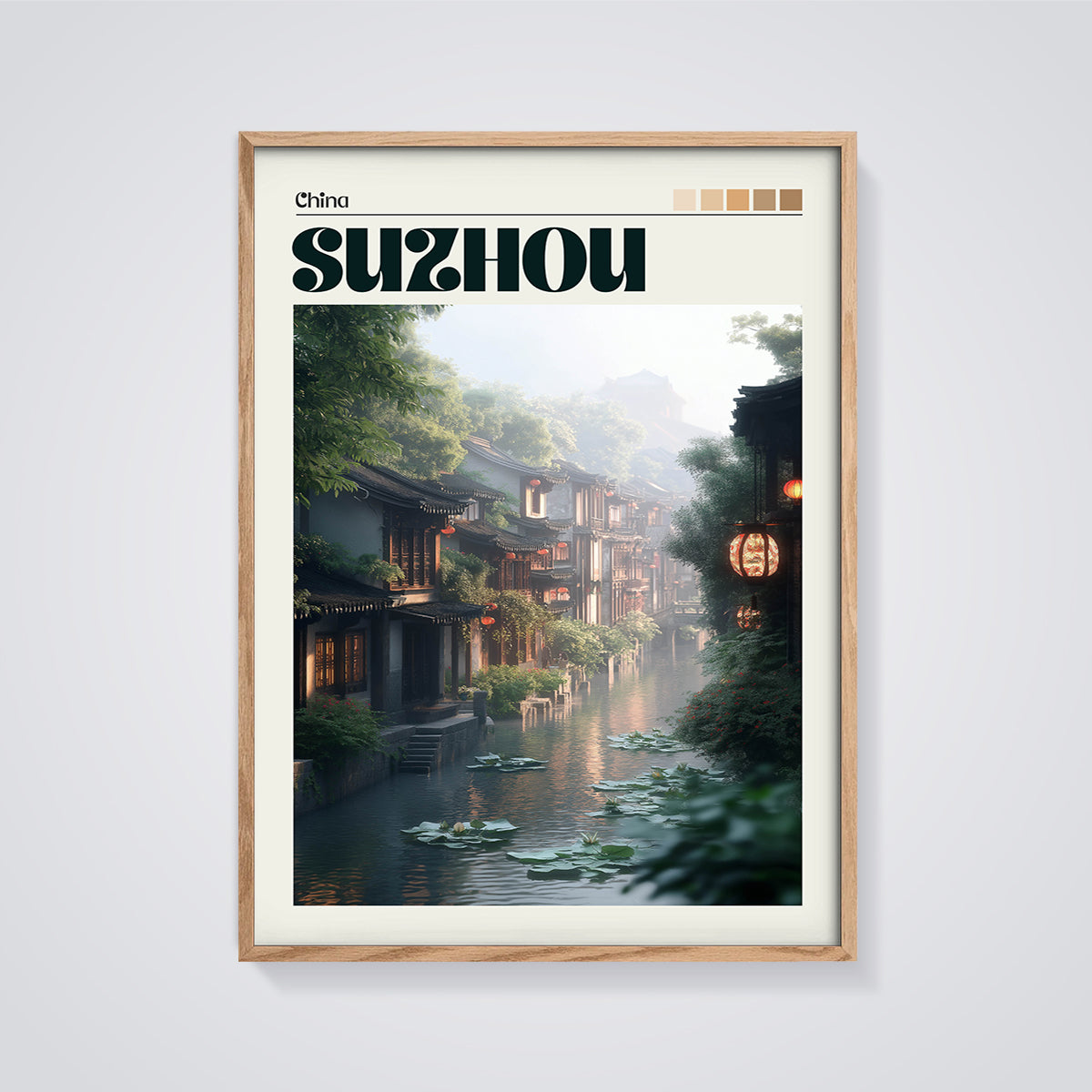 Suzhou Water Town Print framed in oak on a grey background