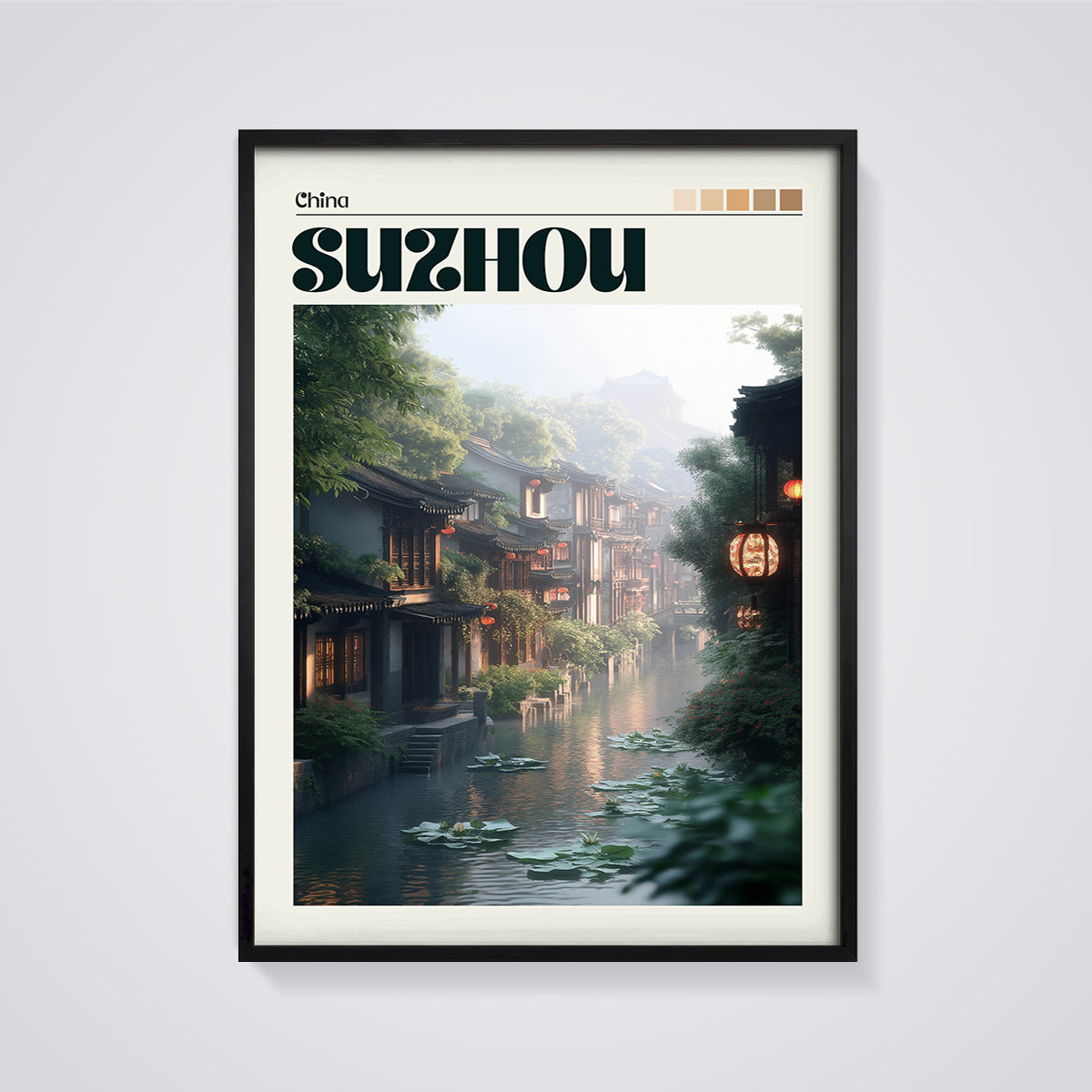 Suzhou Water Town Print framed in black on a grey background