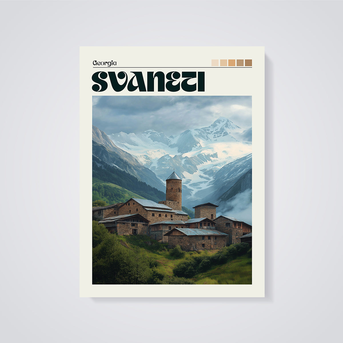 Svaneti Mountain Village Print unframed on a grey background