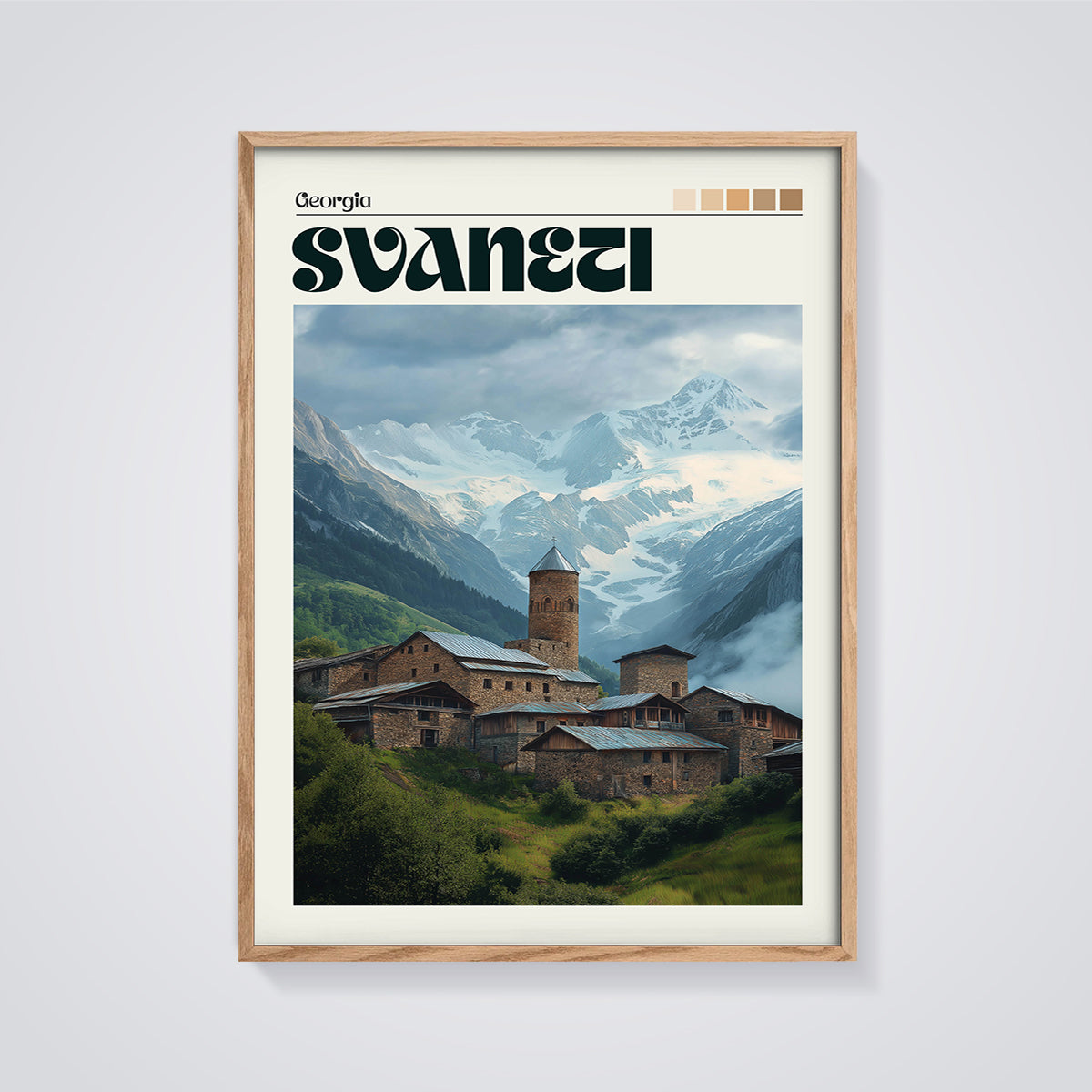 Svaneti Mountain Village Print framed in oak on a grey background