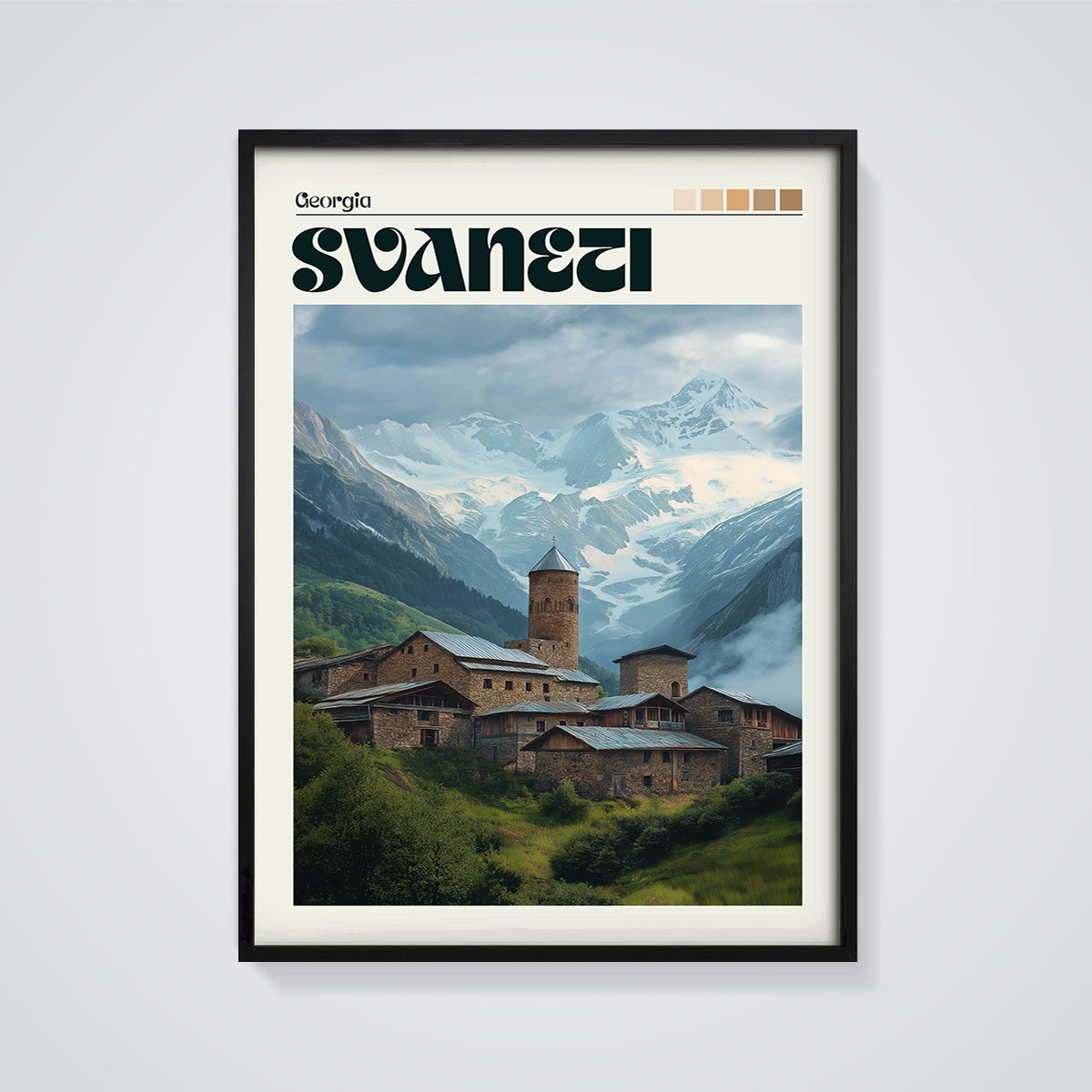 Svaneti Mountain Village Print framed in black on a grey background