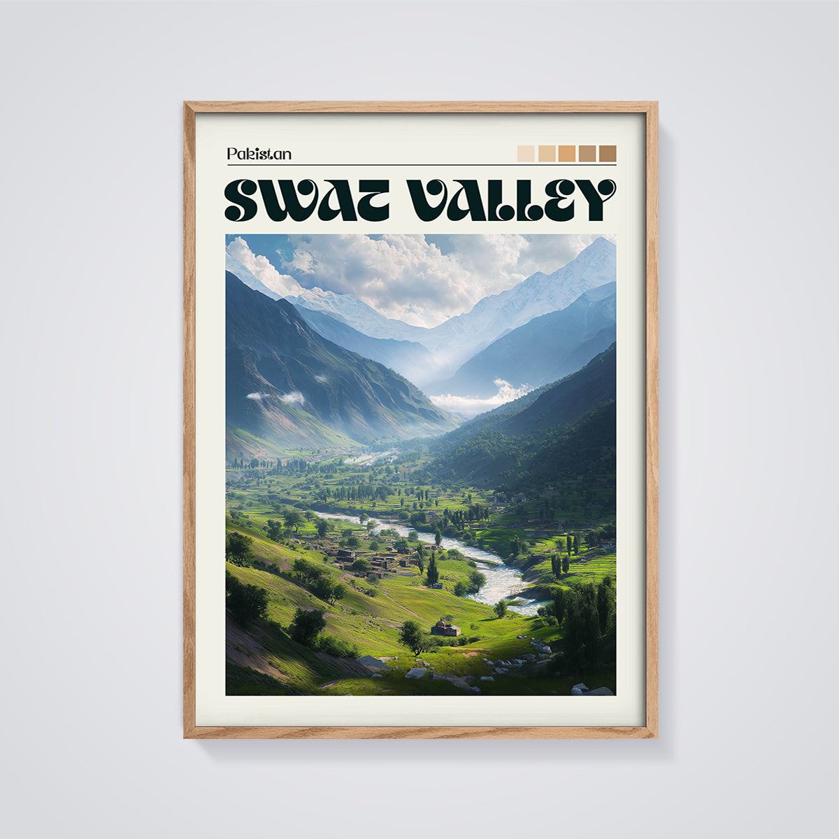 Swat Valley Pakistan Print framed in oak on a grey background