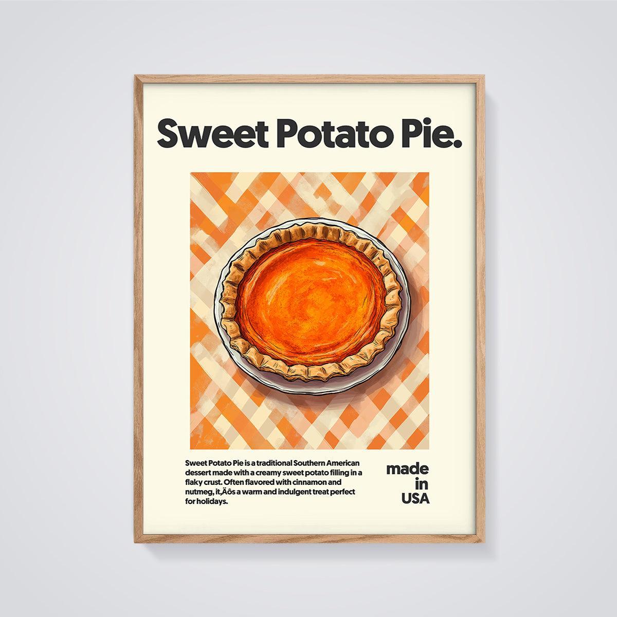 Sweet Potato Pie Art Print framed in oak on a grey background
