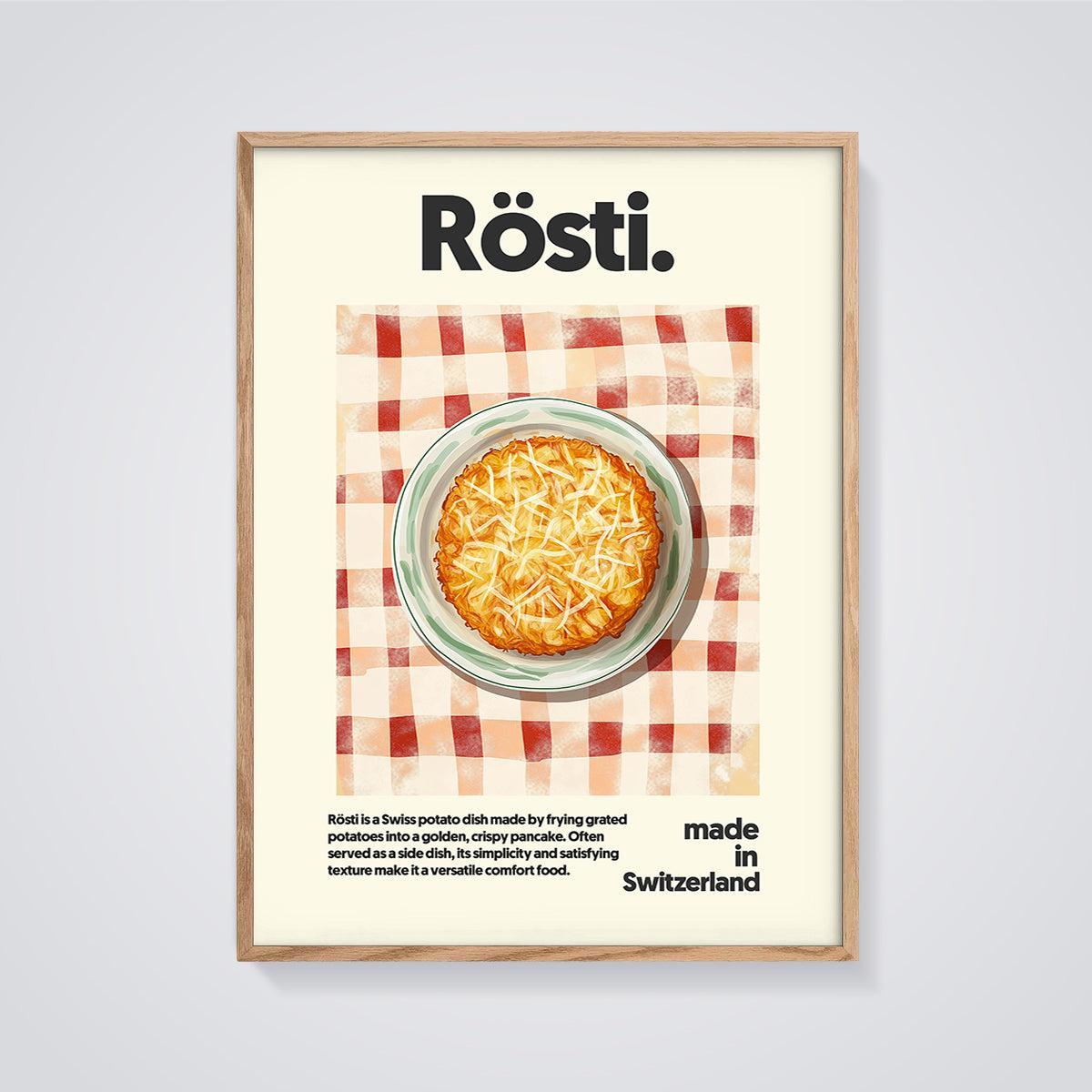 Swiss Rösti Food Print framed in oak on a grey background