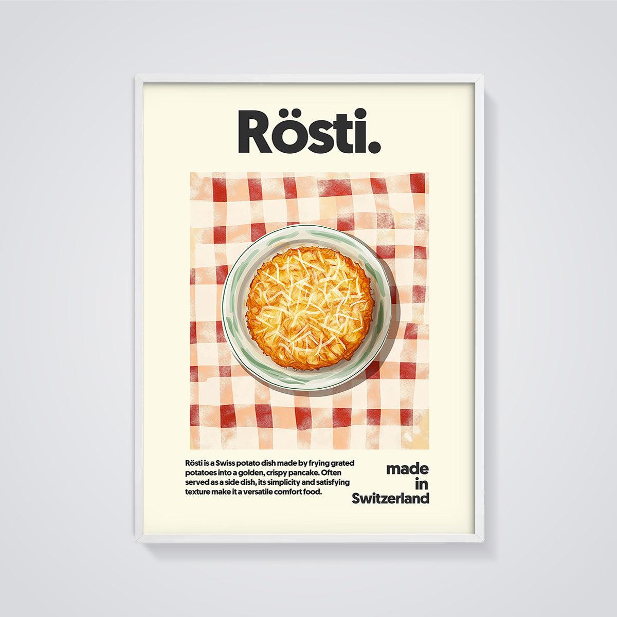 Swiss Rösti Food Print framed in white on a grey background