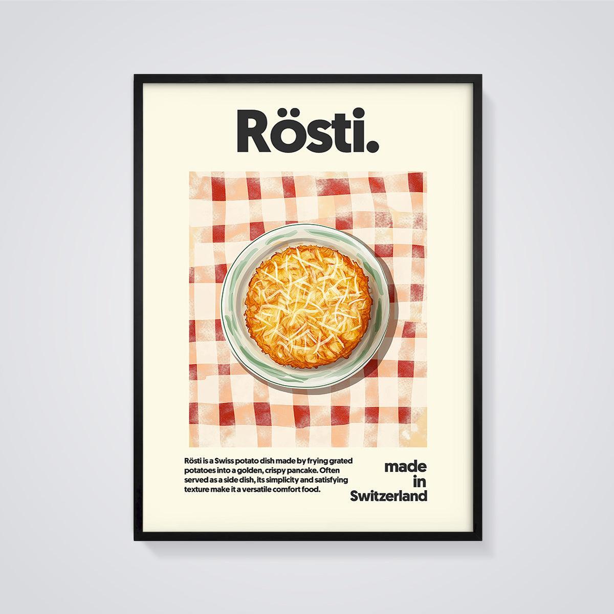 Swiss Rösti Food Print framed in black on a grey background