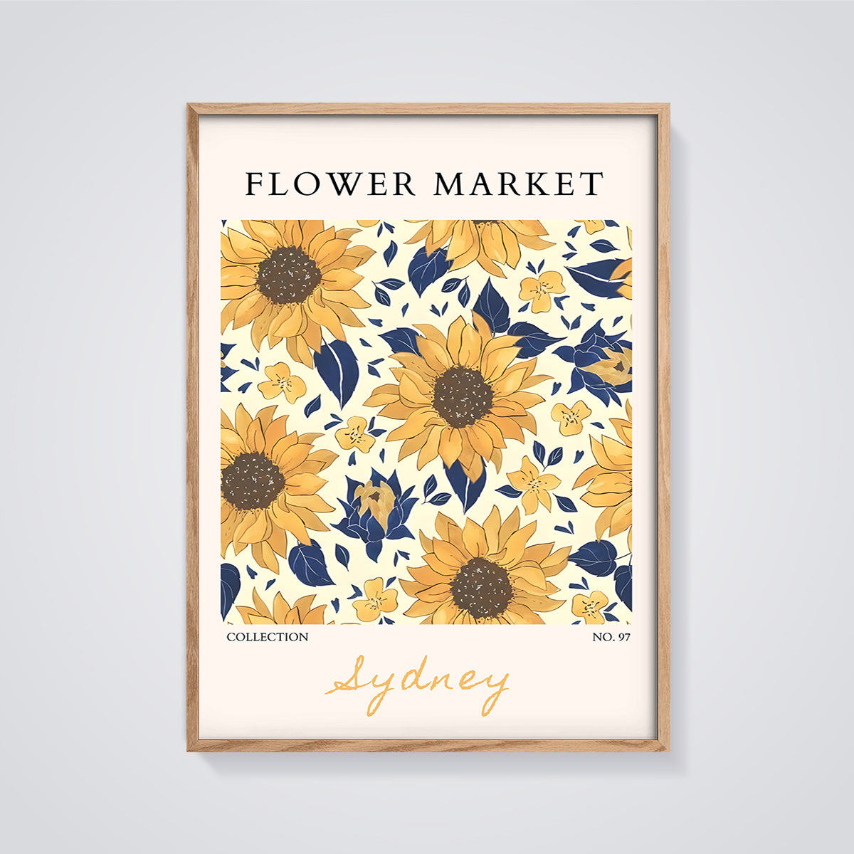 Sydney Flower Market Sunflower Print framed in oak on a grey background