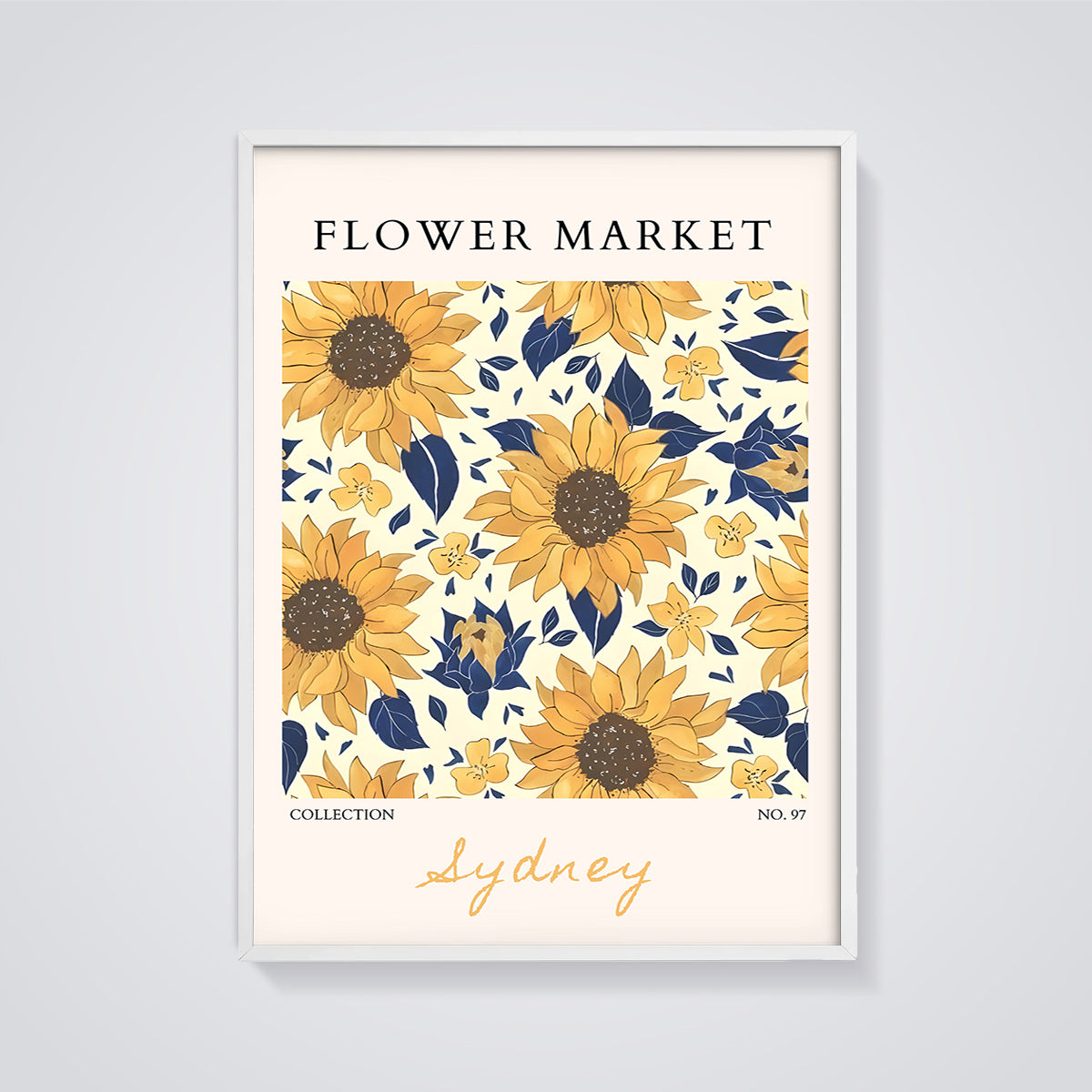 Sydney Flower Market Sunflower Print framed in white on a grey background