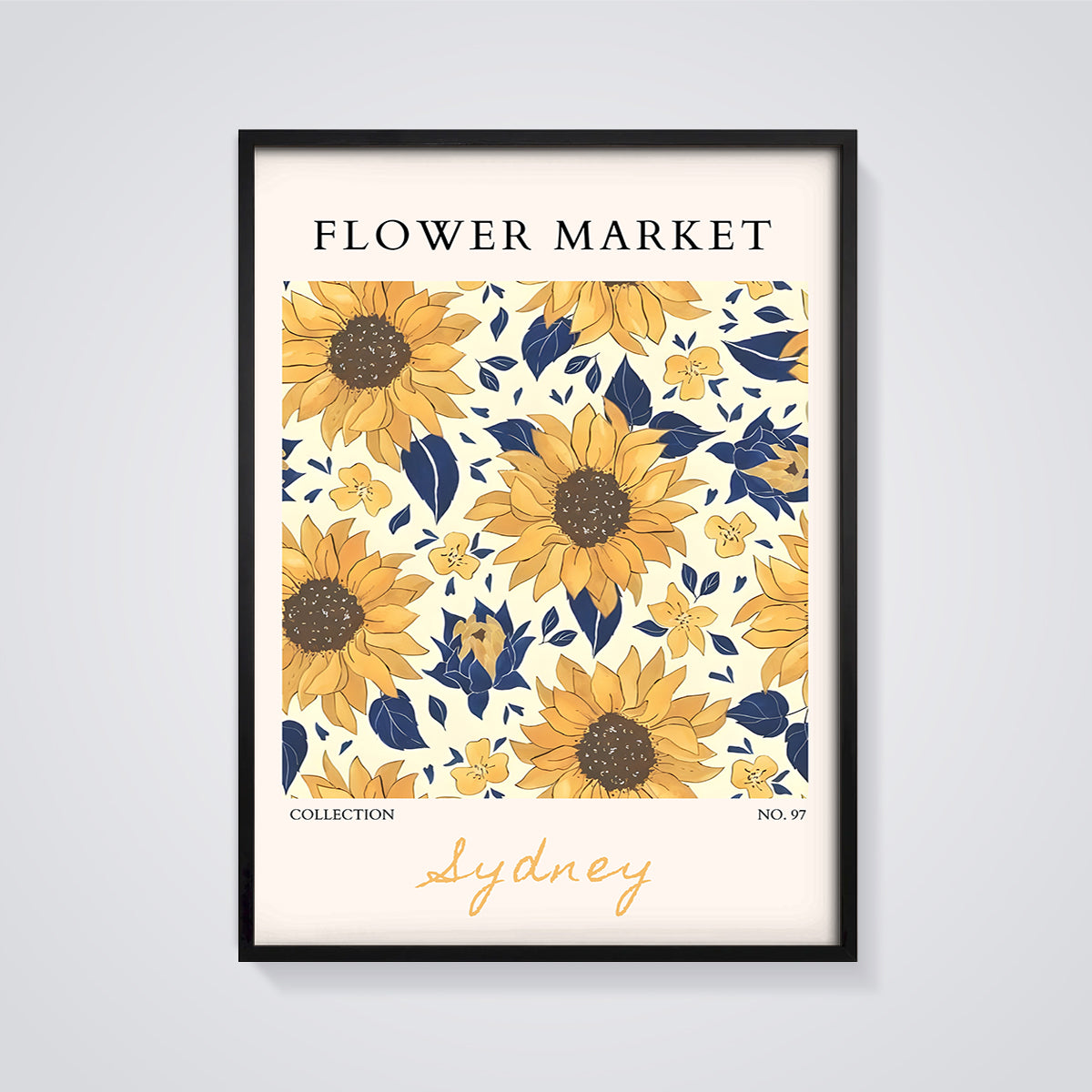 Sydney Flower Market Sunflower Print framed in black on a grey background
