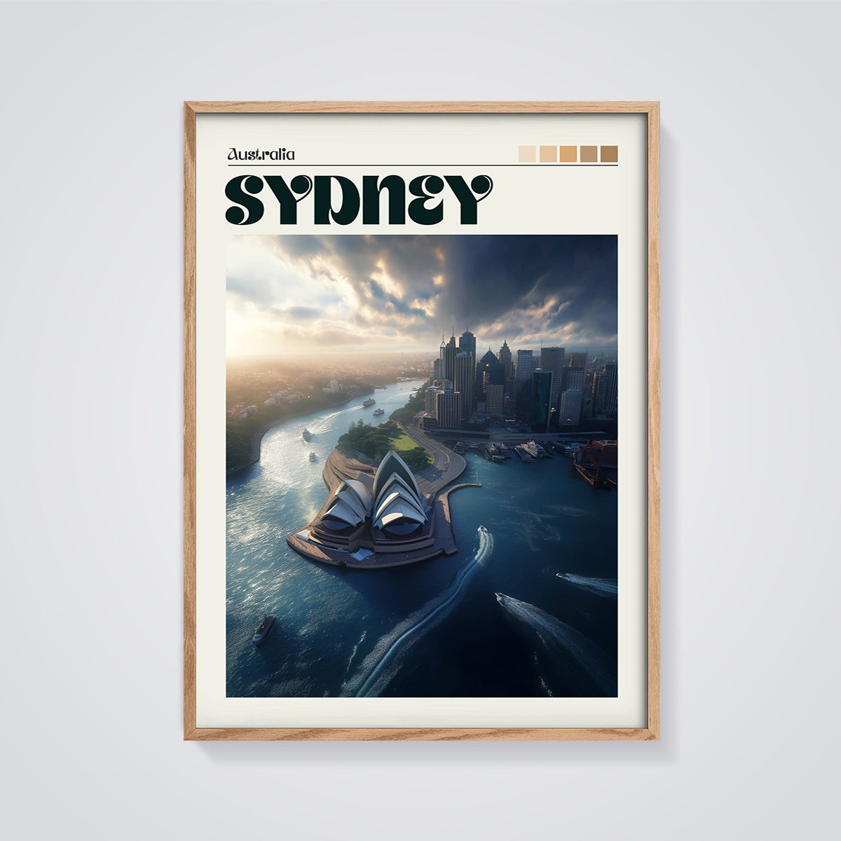 Sydney Opera House Harbor Print framed in oak on a grey background