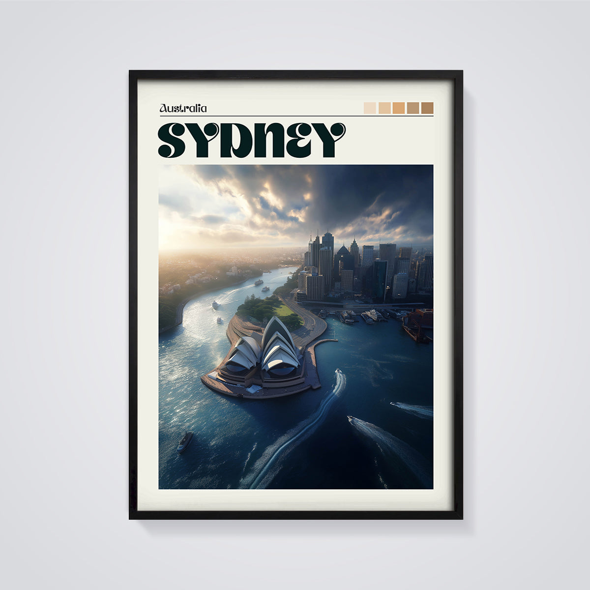 Sydney Opera House Harbor Print framed in black on a grey background