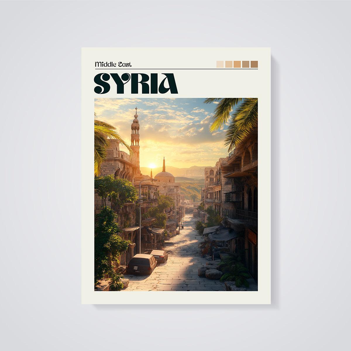 Syria Cityscape Sunset Print unframed on a grey background