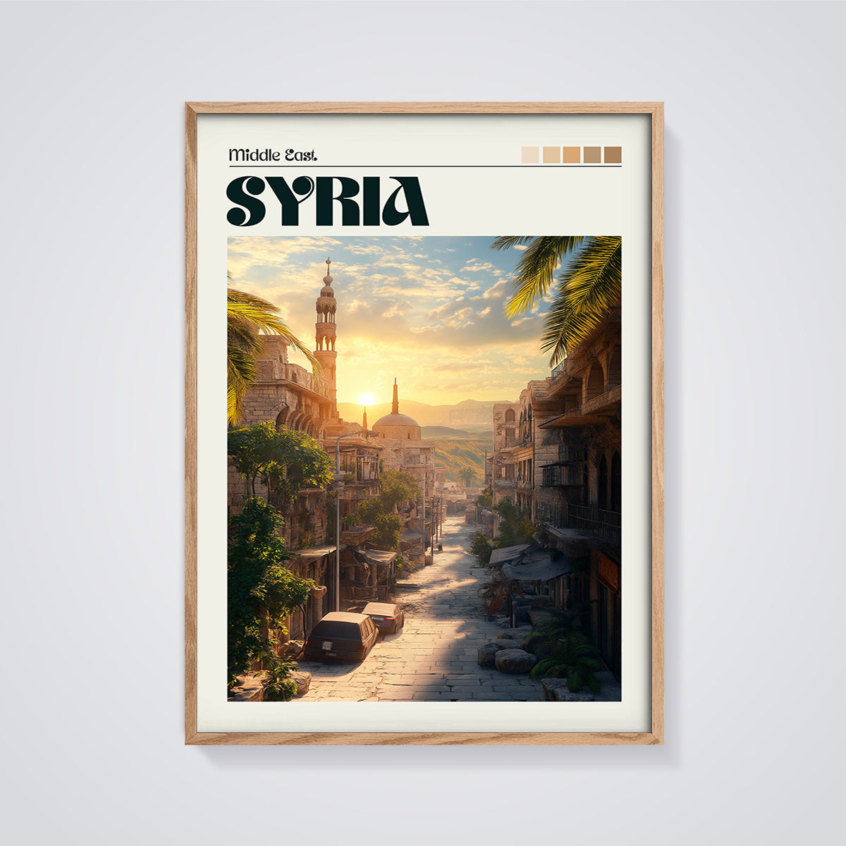 Syria Cityscape Sunset Print framed in oak on a grey background