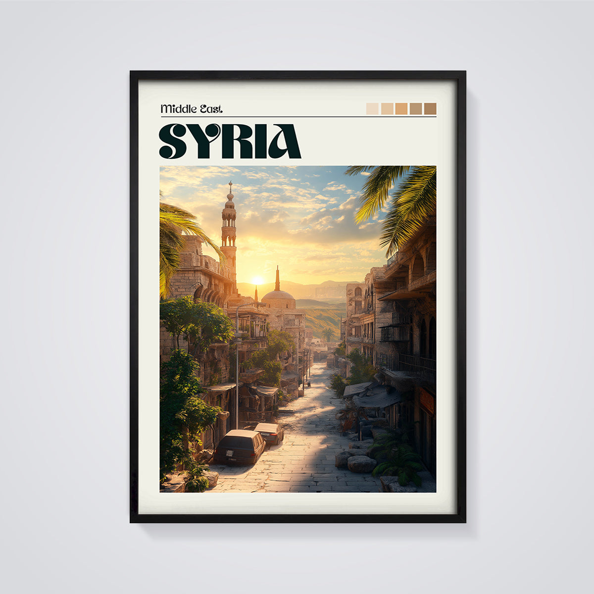 Syria Cityscape Sunset Print framed in black on a grey background