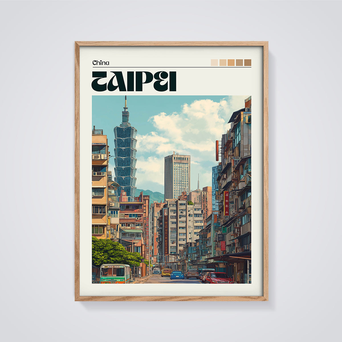 TAIPEI Cityscape Print framed in oak on a grey background
