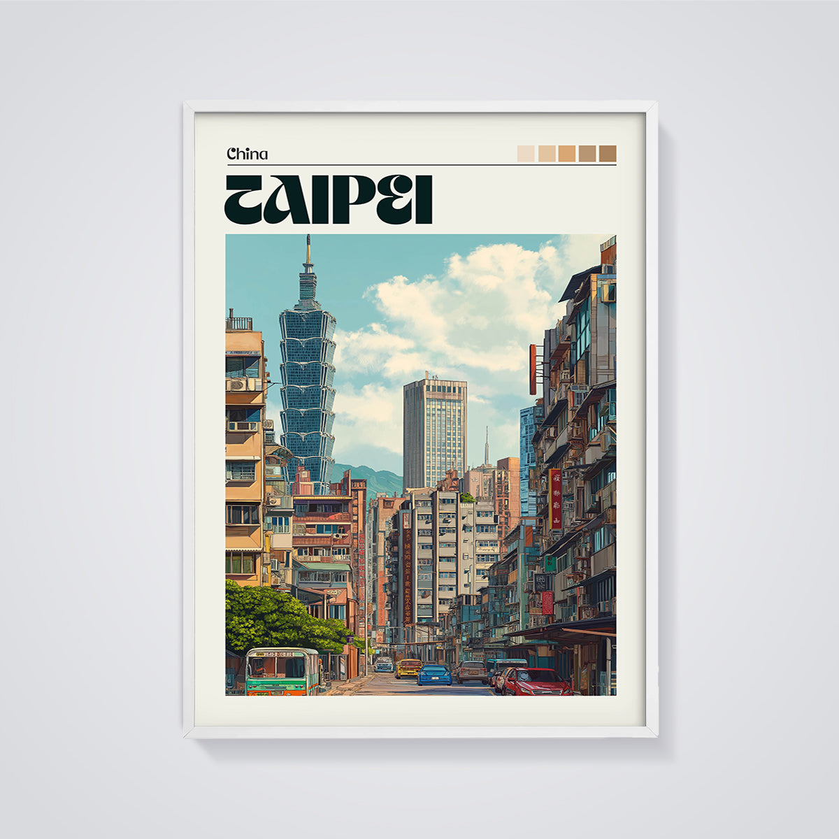TAIPEI Cityscape Print framed in white on a grey background