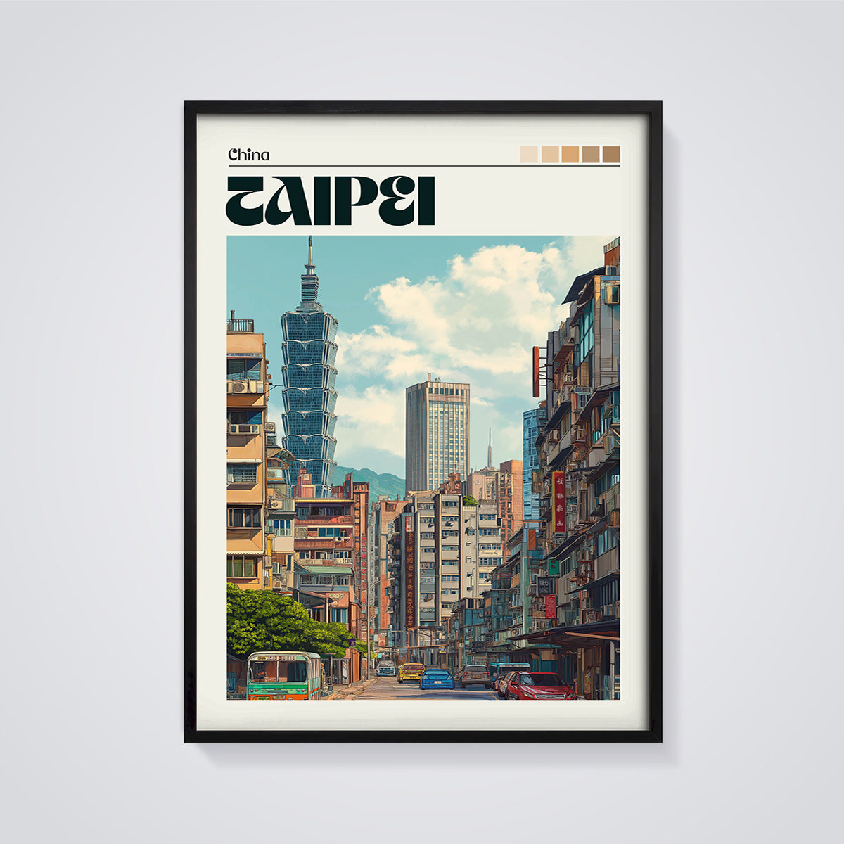 TAIPEI Cityscape Print framed in black on a grey background