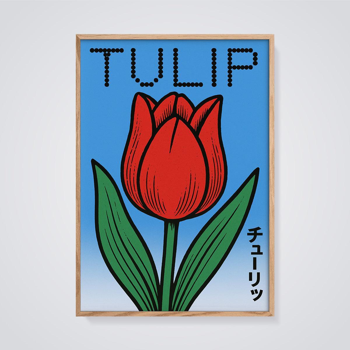 TULIP Dot Typography Print framed in oak on a grey background