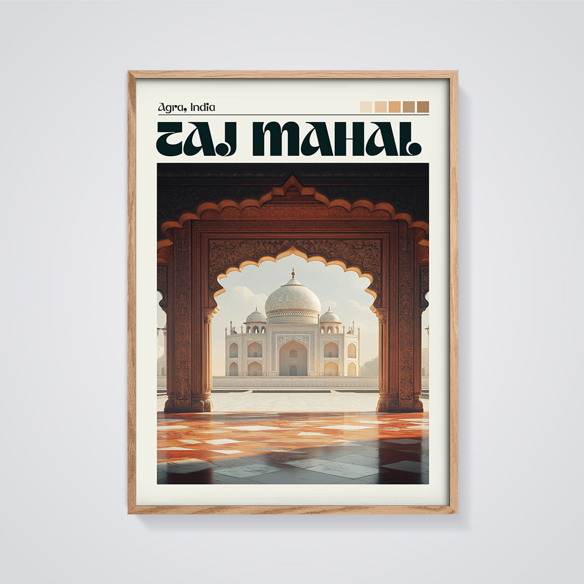 Taj Mahal Agra Archway Print framed in oak on a grey background