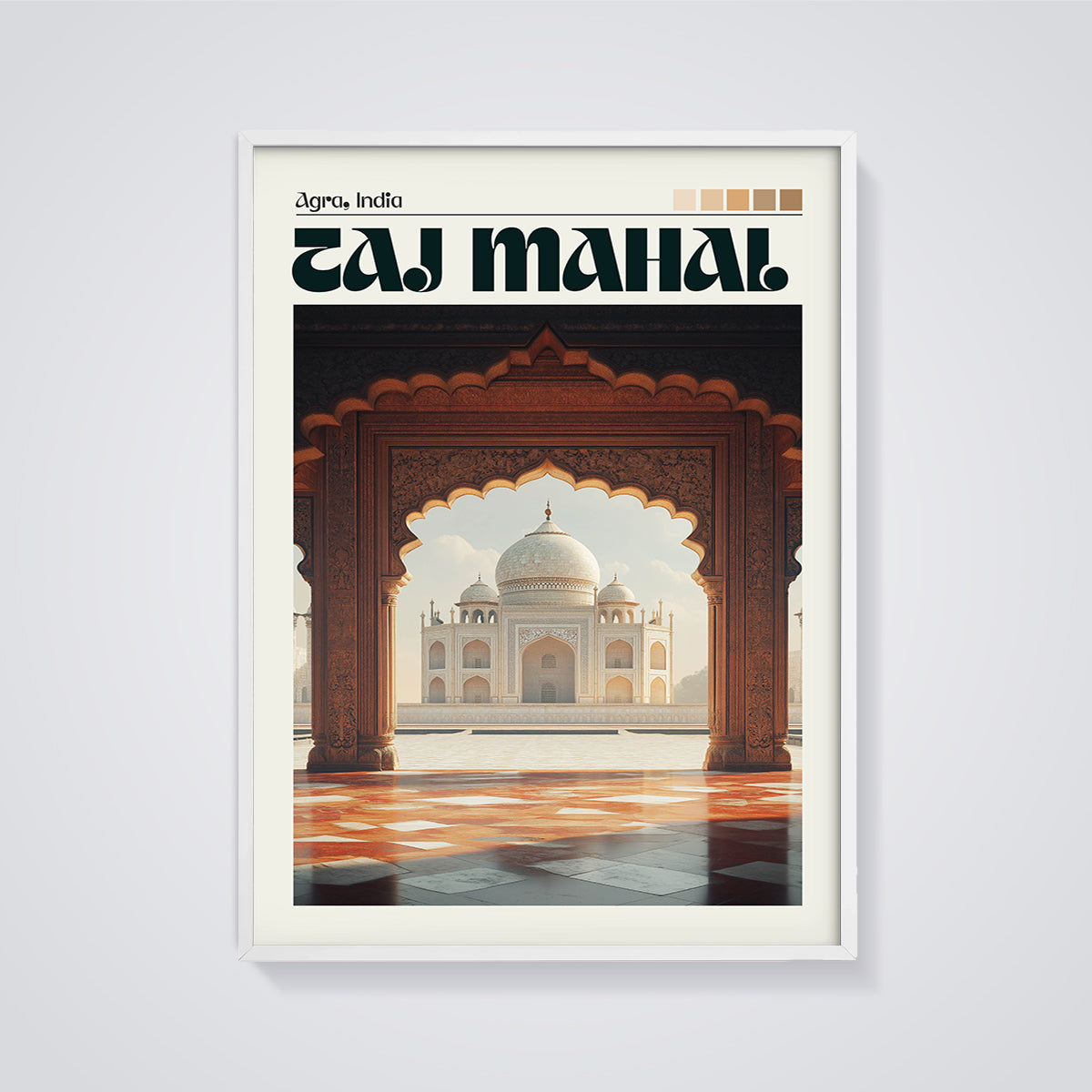 Taj Mahal Agra Archway Print framed in white on a grey background