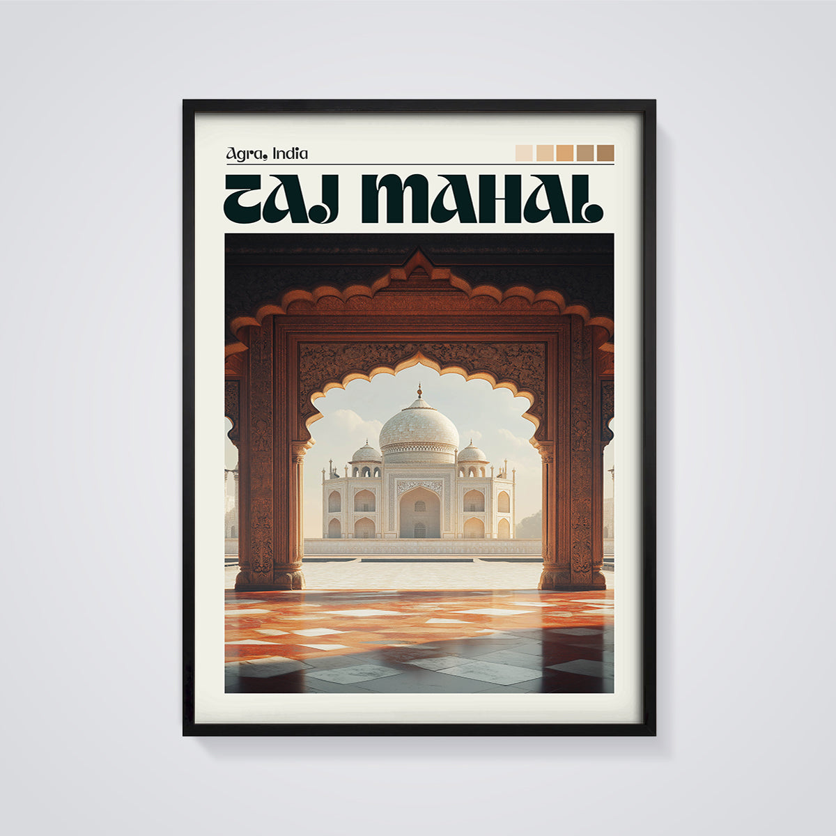 Taj Mahal Agra Archway Print framed in black on a grey background