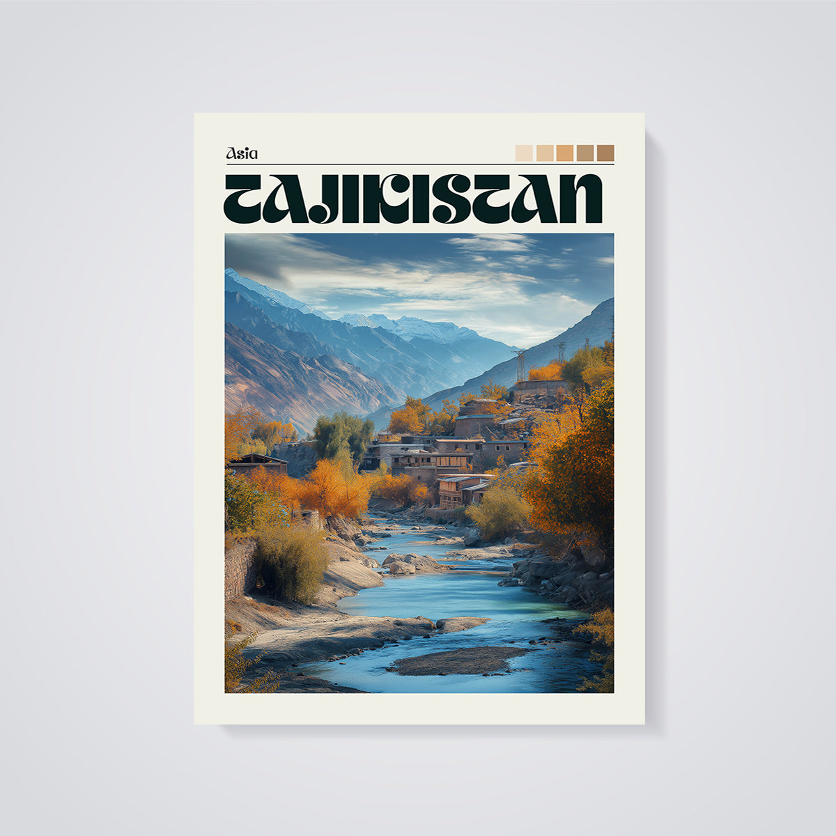 Tajikistan Mountain River Landscape Print unframed on a grey background