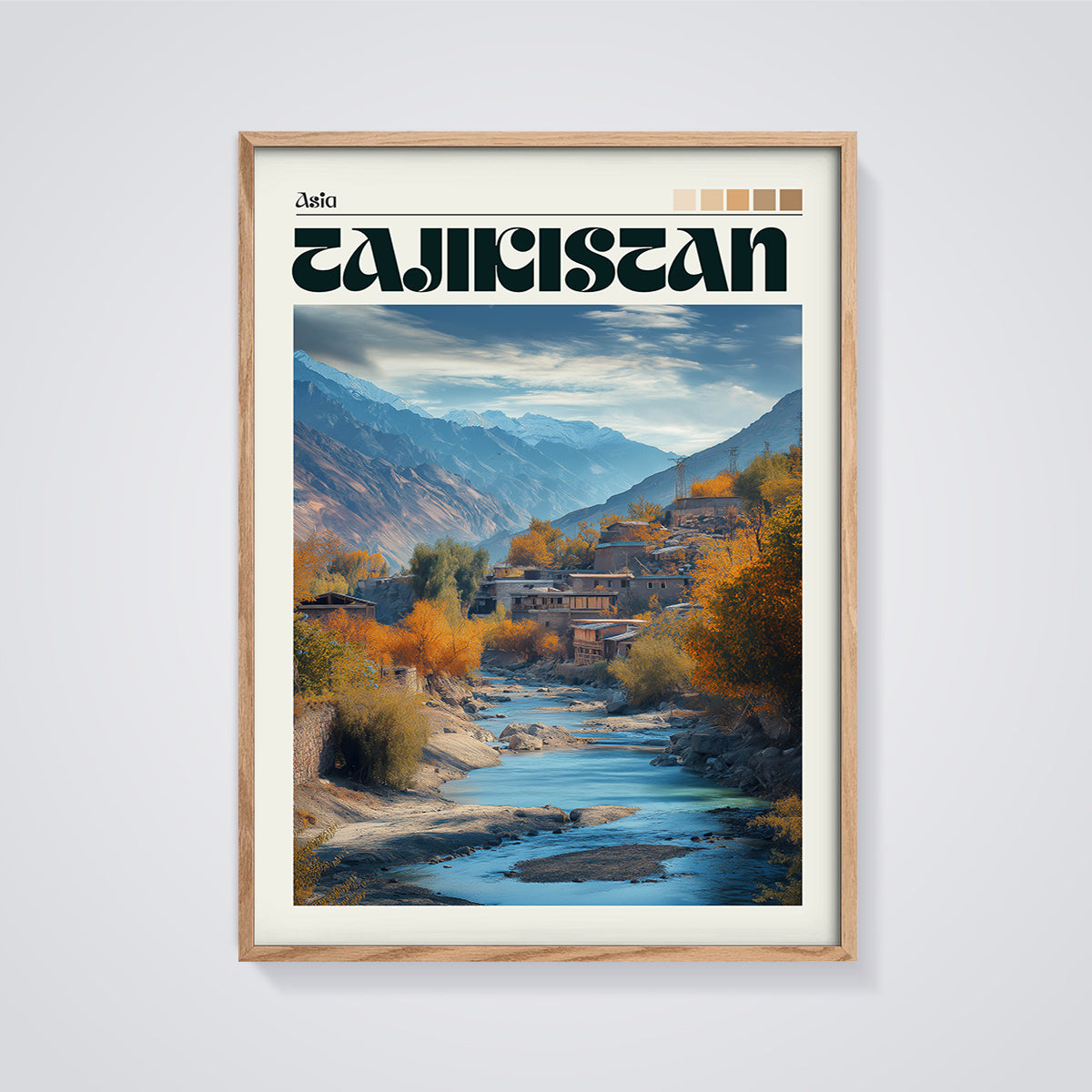Tajikistan Mountain River Landscape Print framed in oak on a grey background
