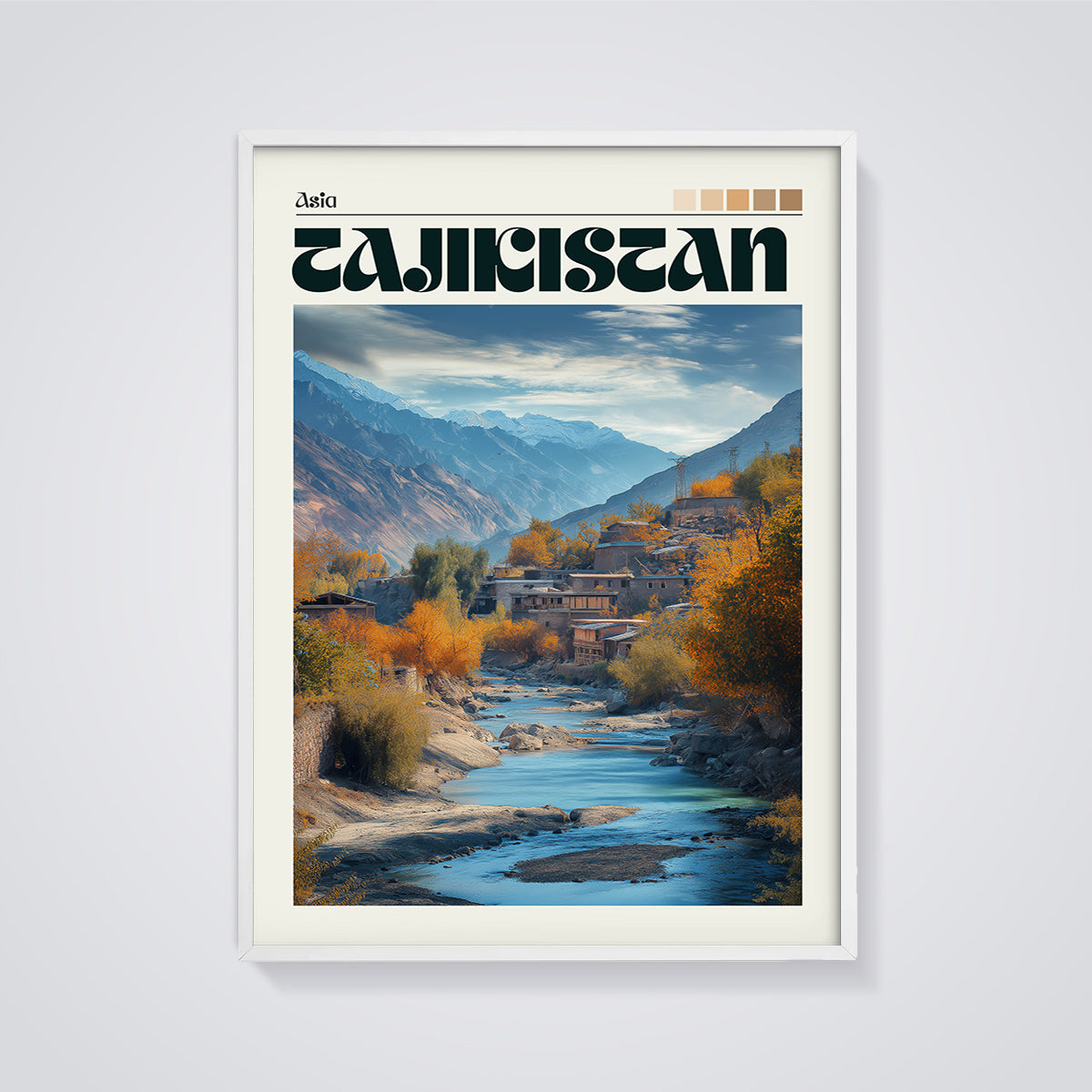 Tajikistan Mountain River Landscape Print framed in white on a grey background