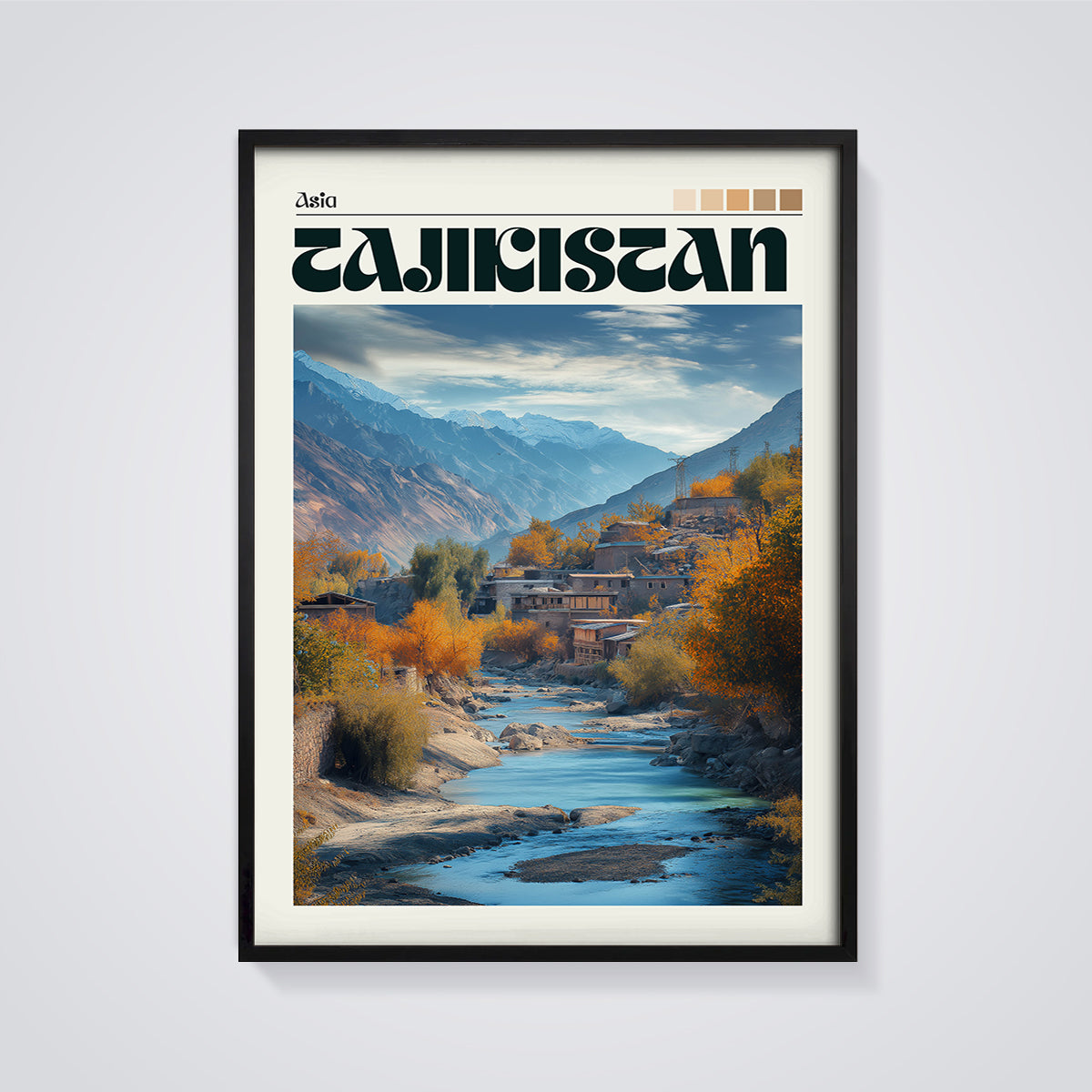 Tajikistan Mountain River Landscape Print framed in black on a grey background